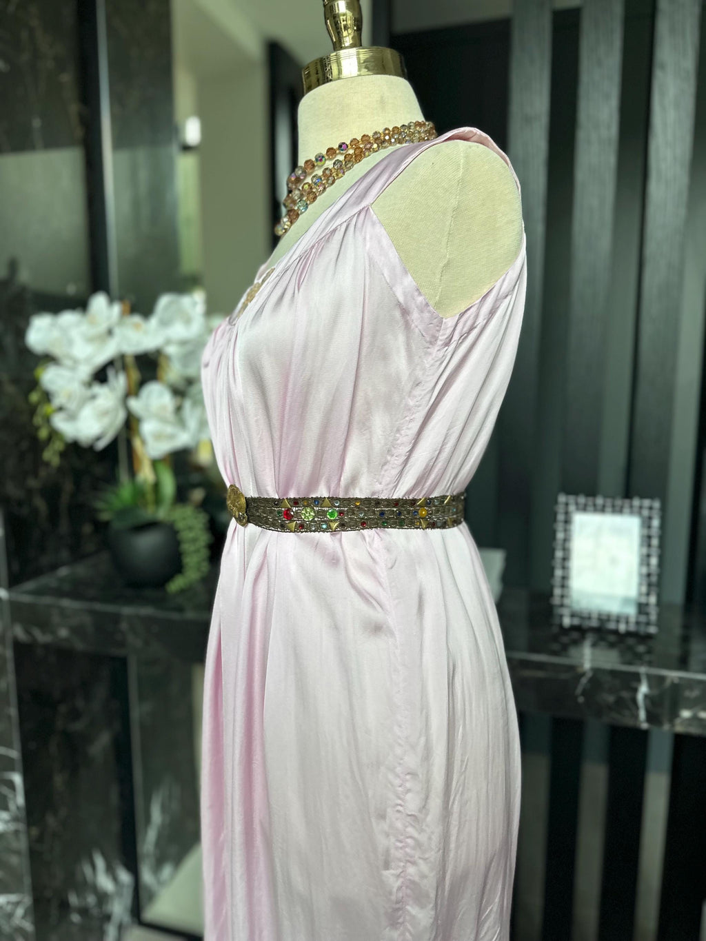Vintage pink  liquid satin slip dress – Off-Shoulder Gown