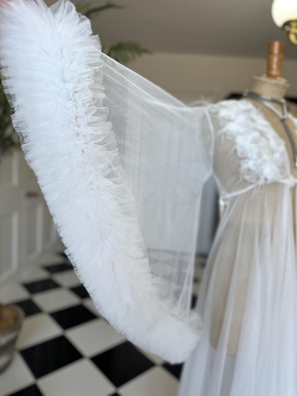 The Aurelia applique 3D floral tulle couture robe with voluminous ruffle sleeves