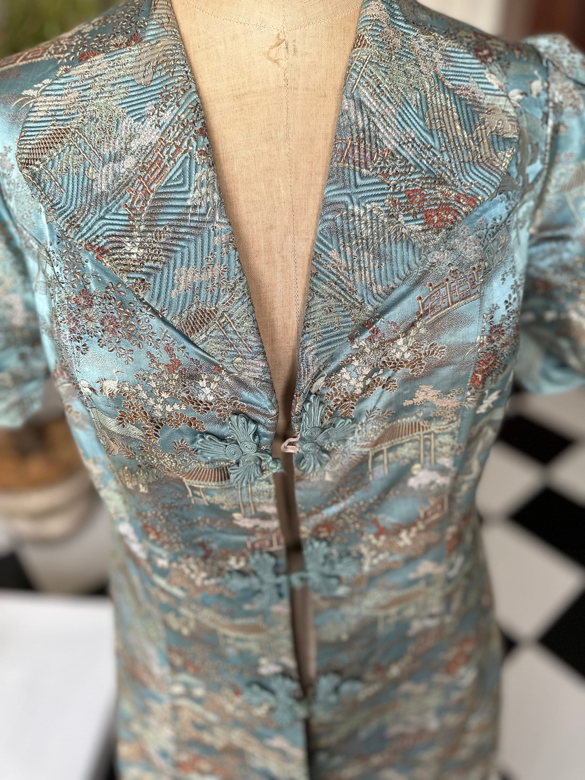 1930s Duck egg blue Silk Chinese robe house coat