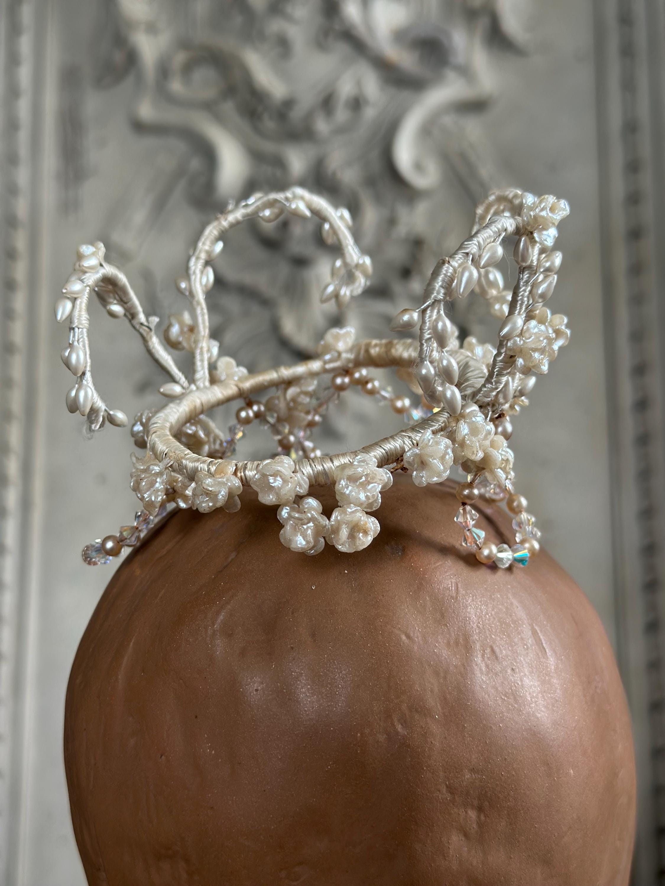 Charming Floral Wax Tiara with Crystal Accents 1930s 40s