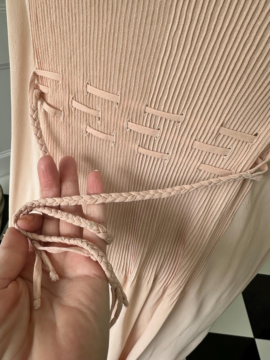 1930s Silk Crepe Gown: Hand-Embroidered Lace, Bias Cut Maxi Dress