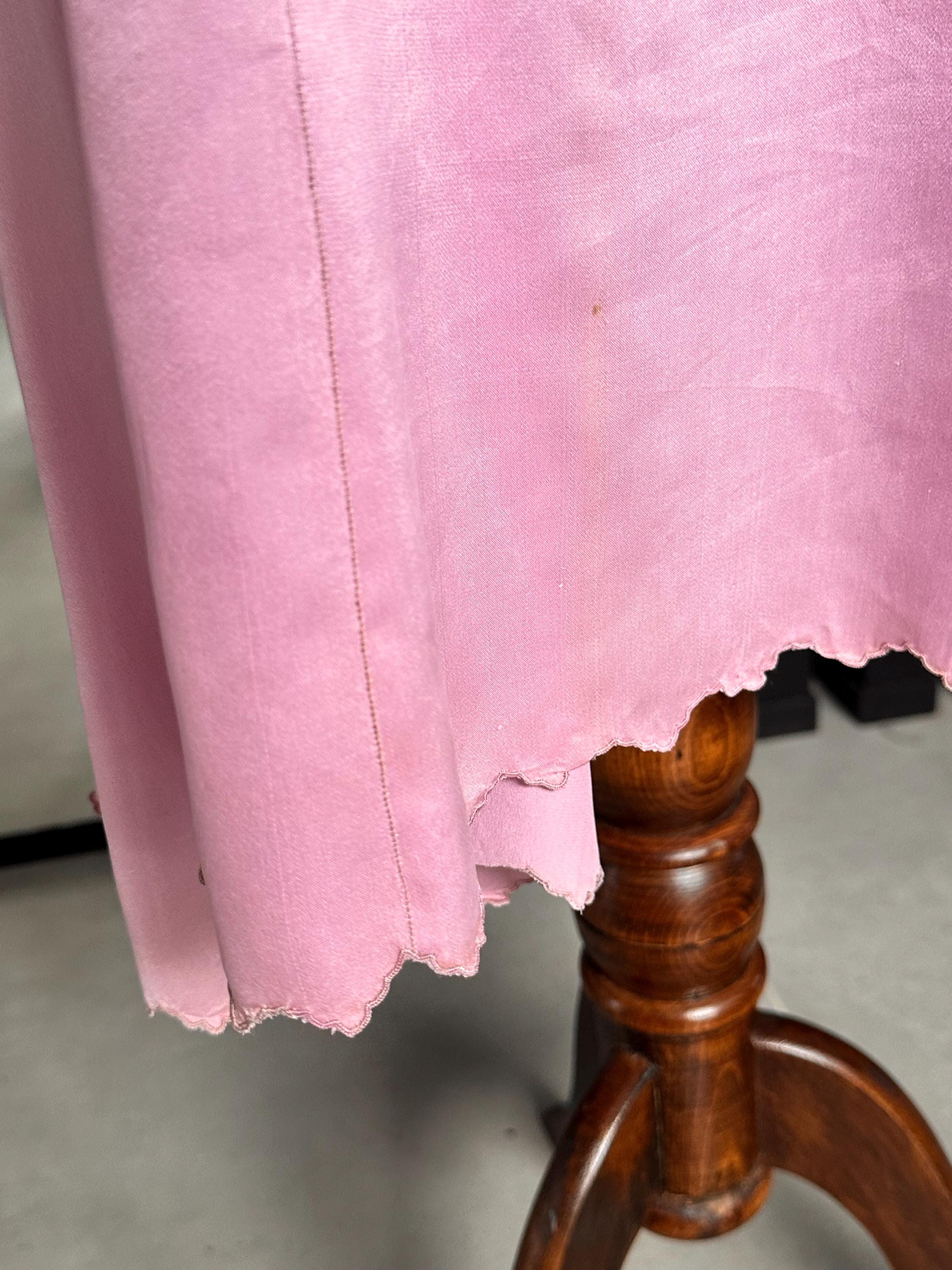 Large size. Antique 1930s Lilac Silk Slip – Authentic Lace embroidery Inset Bias-Cut