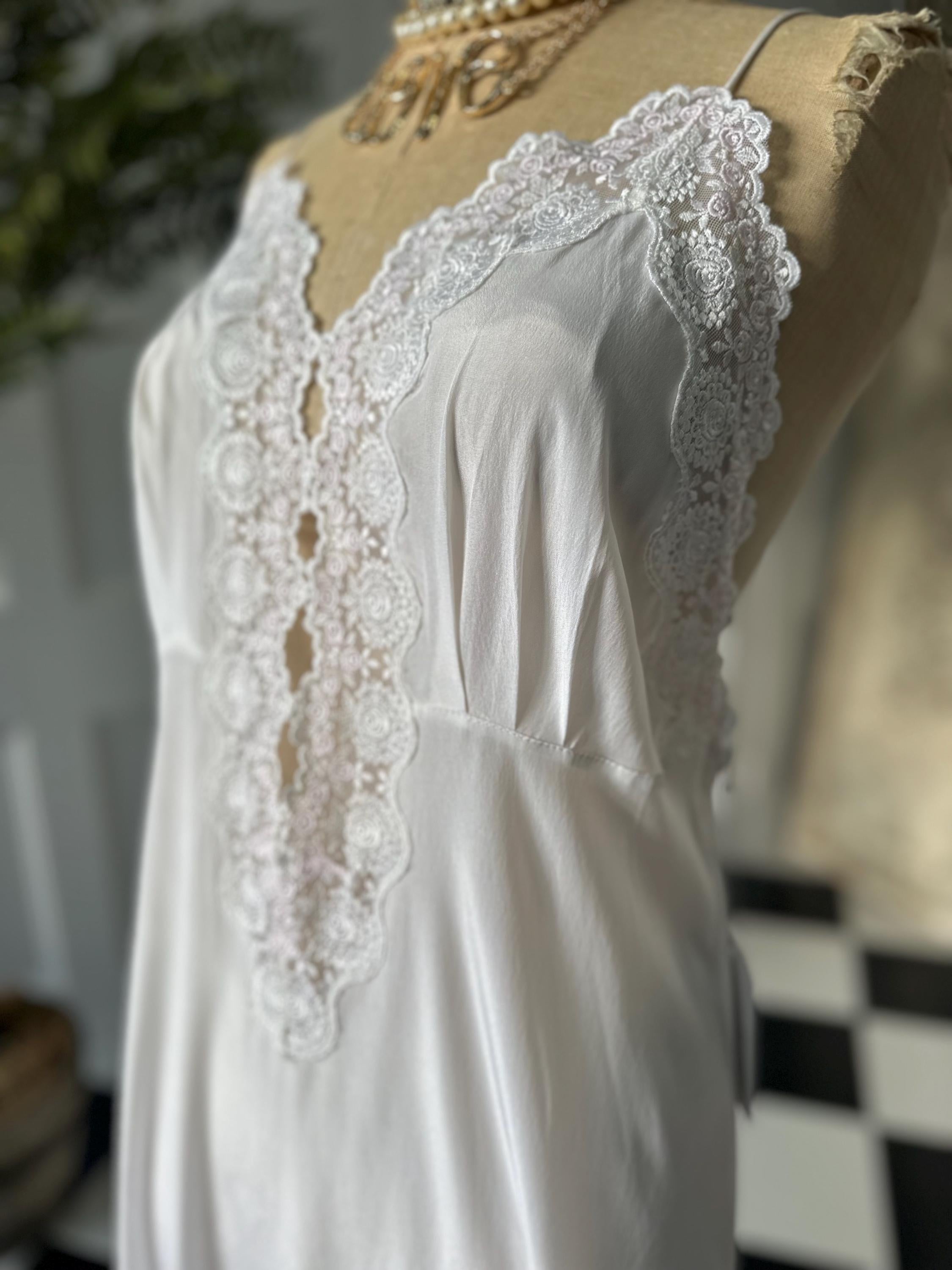 Vintage 1970s  White Silky Slip Gown | Deep V Floral Lace Inset Bridal Nightgown
