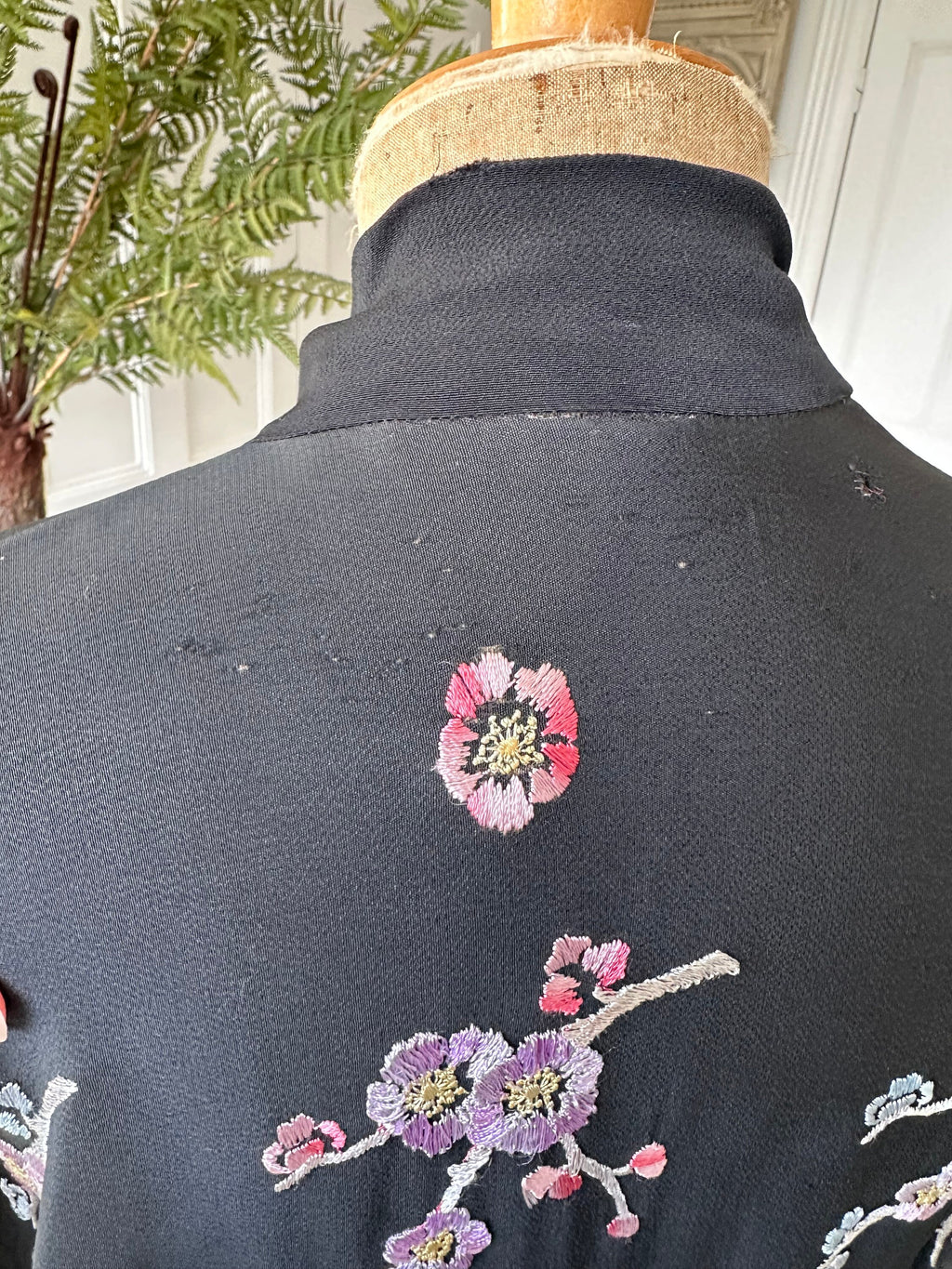 1930s black kimono with pastel colour silk flowers embroidery