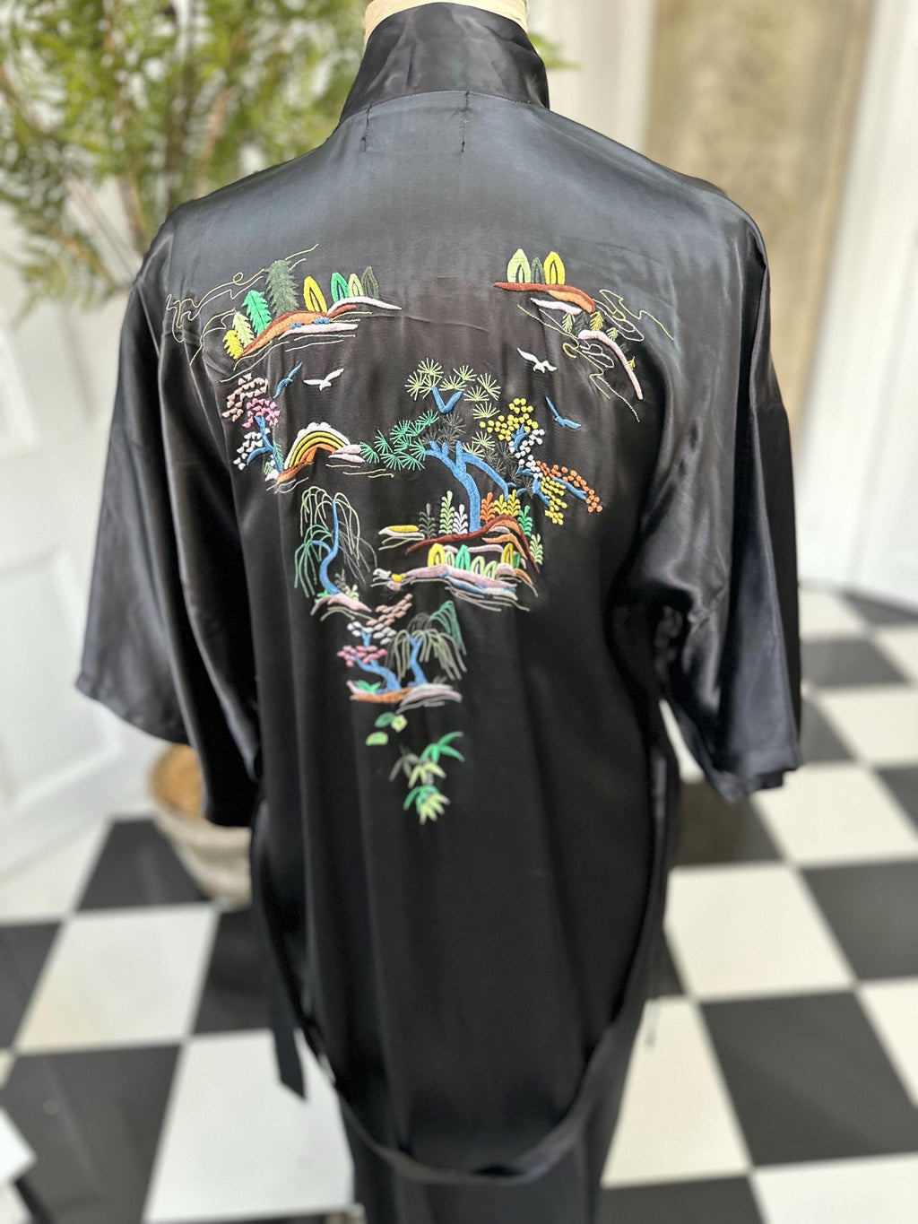 Vintage 1970 black satin embroidered kimono