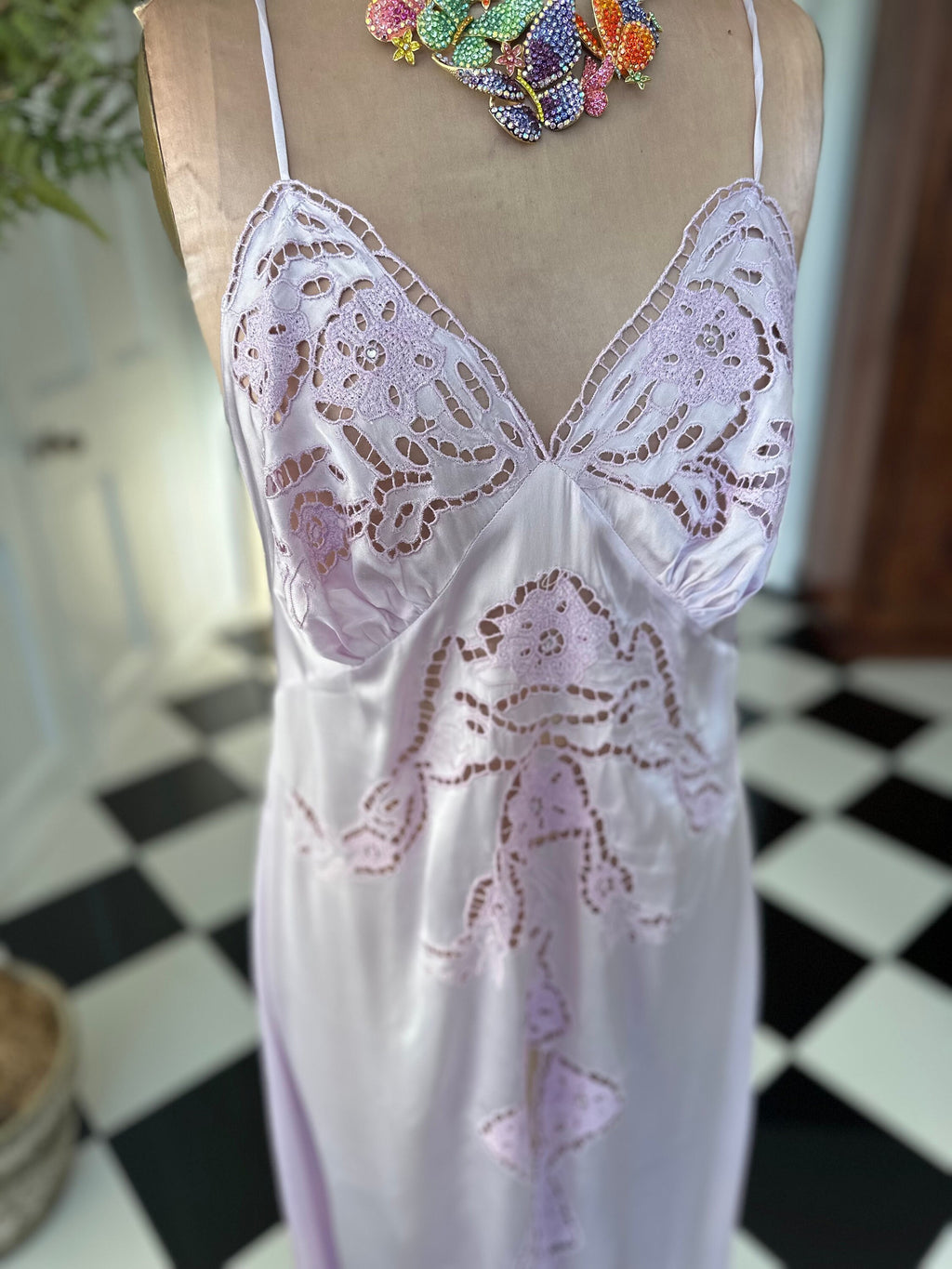 Vintage very sexy lilac cutout lace long slip
