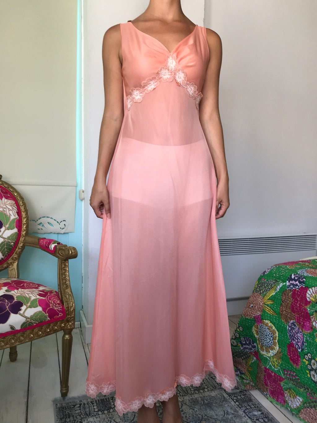 1970s long plunge neck lingerie slip dress