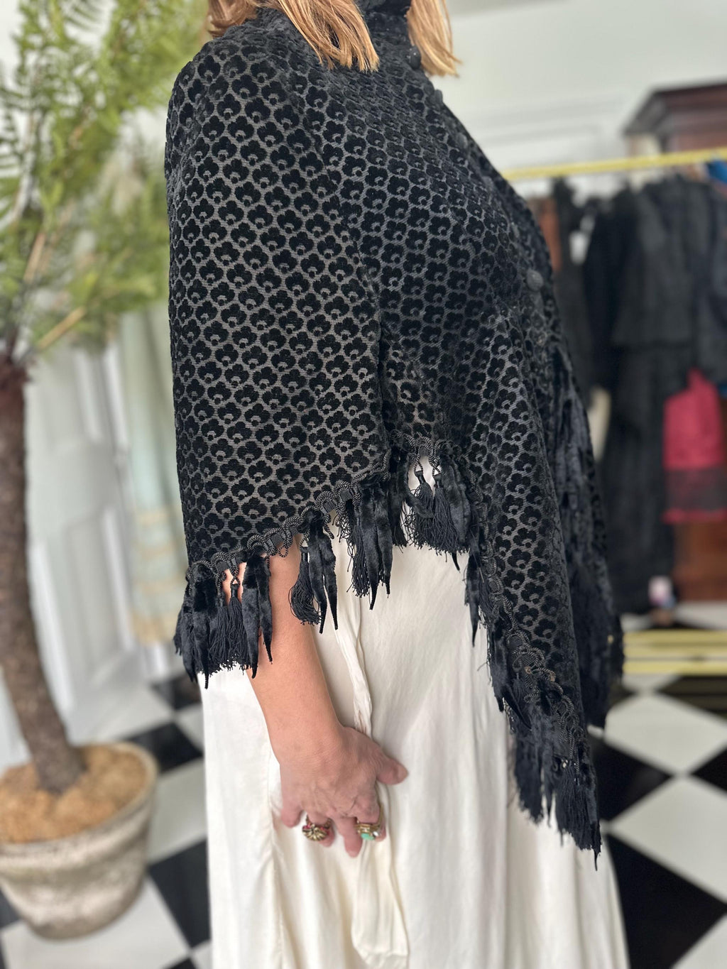 Exquisite 1860s Black Flock Velvet Dolman Cape