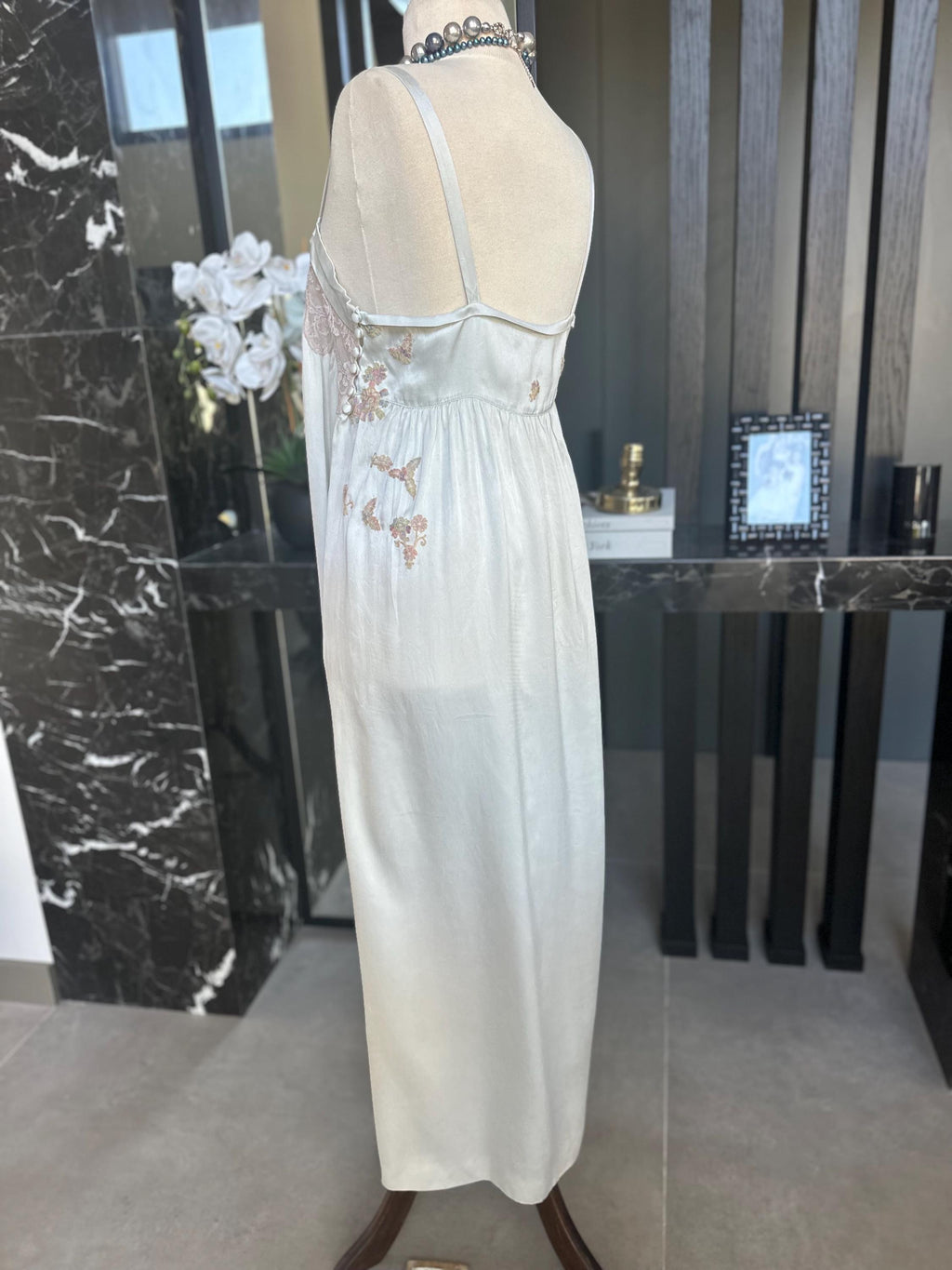 Vintage 1940s Grey Silk Slip Dress with lace Details