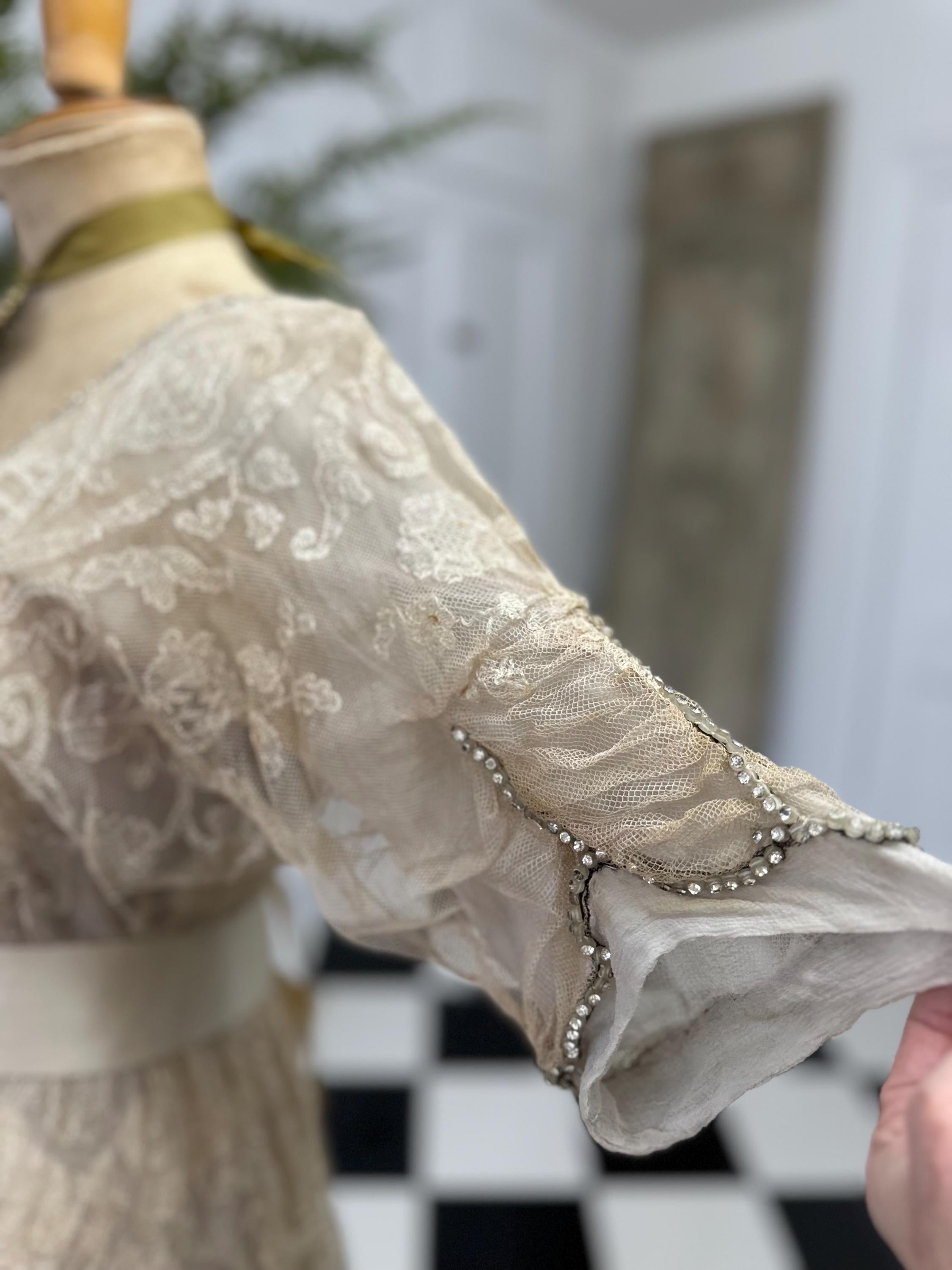 Edwardian Lace & Silk Dress: Titanic Style Rhinestone Trim, UK 8/10