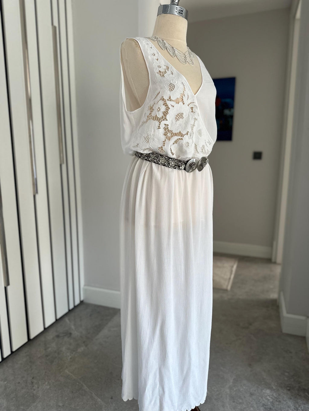 1970s crossover cutout lace white long slip dress