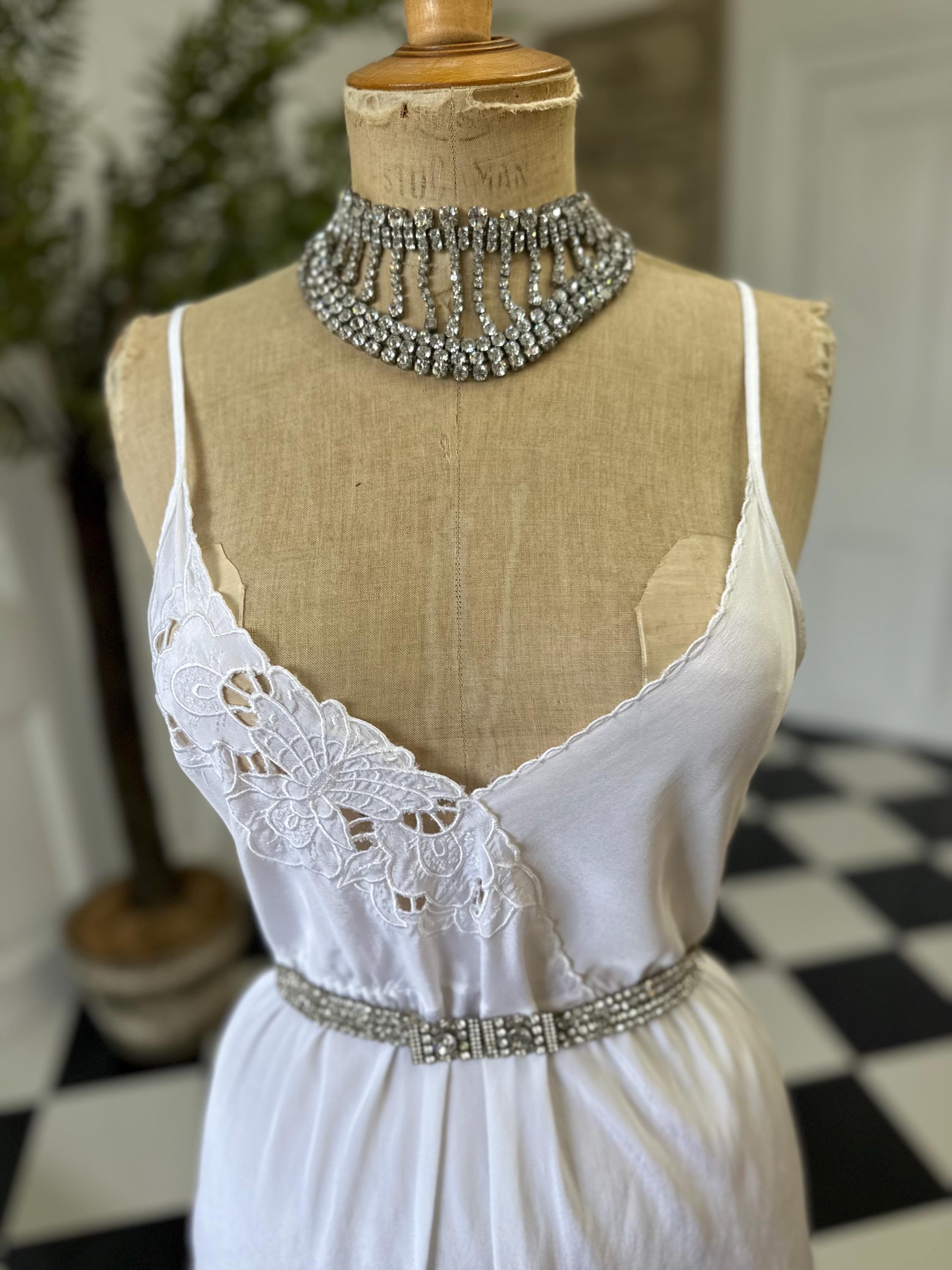 Vintage Long White Silk Slip with Lace Detailing