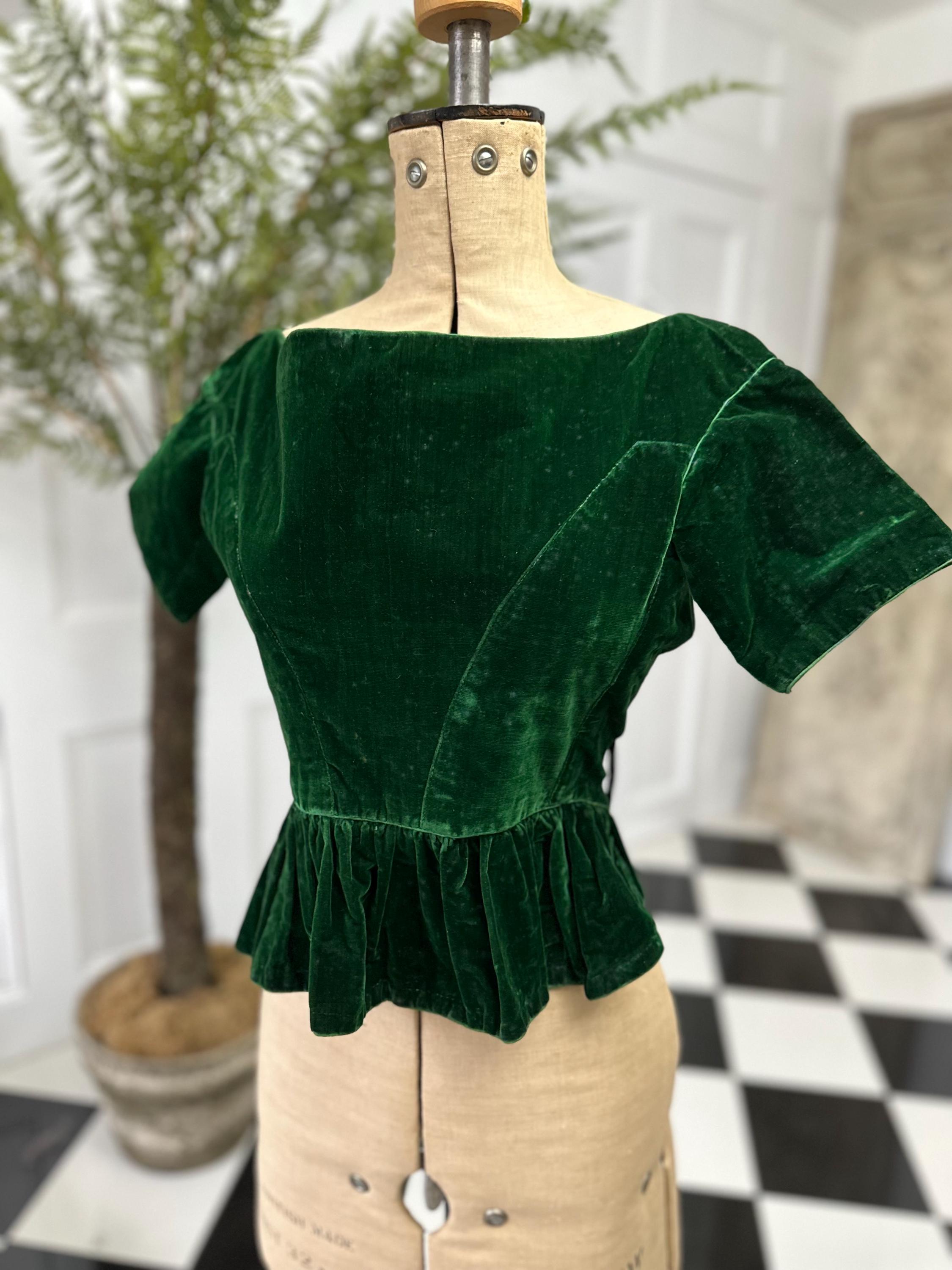 1860s Emerald Green Velvet Bodice Corset: Antique Ribbon, Collectible