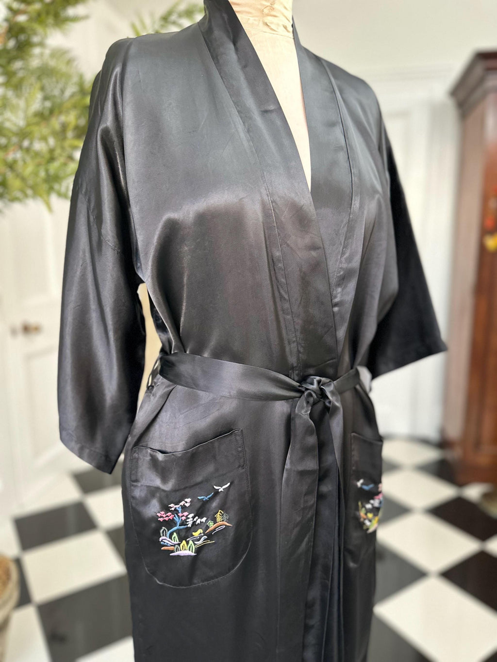 Vintage 1970 black satin embroidered kimono