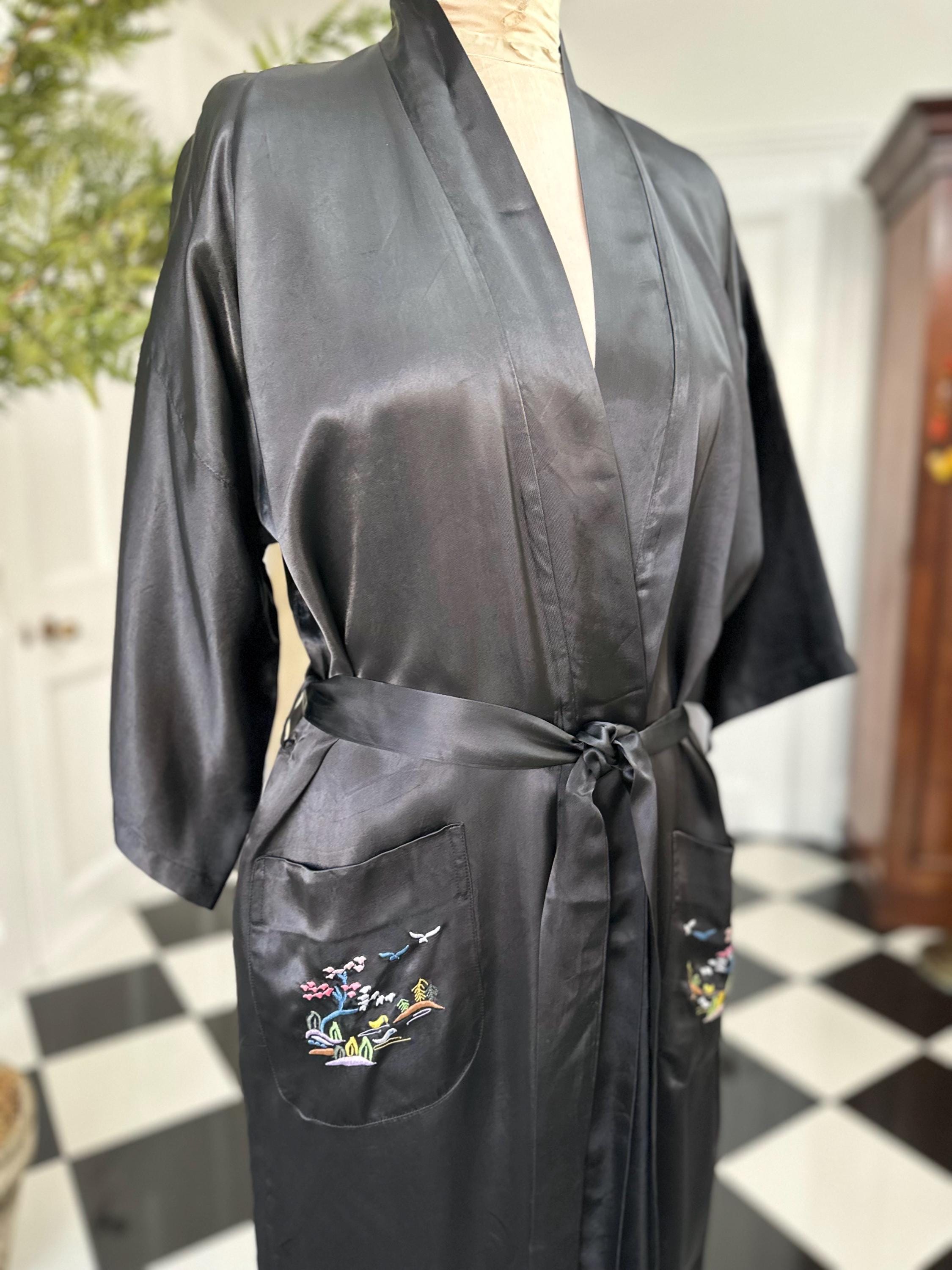 Vintage 1970 black satin embroidered kimono