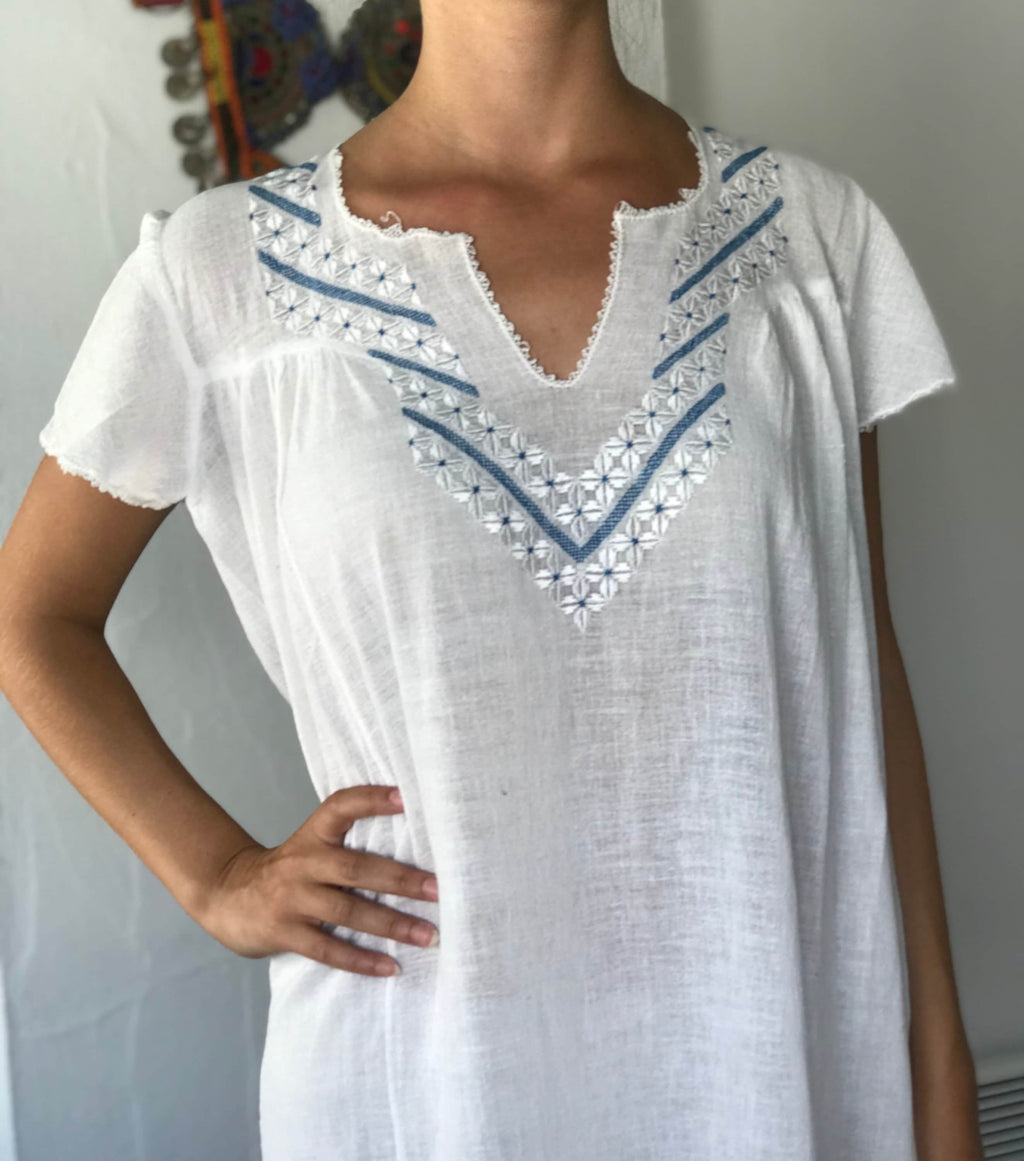 1970s hand loomed cotton muslin  hand embroidered smock dress