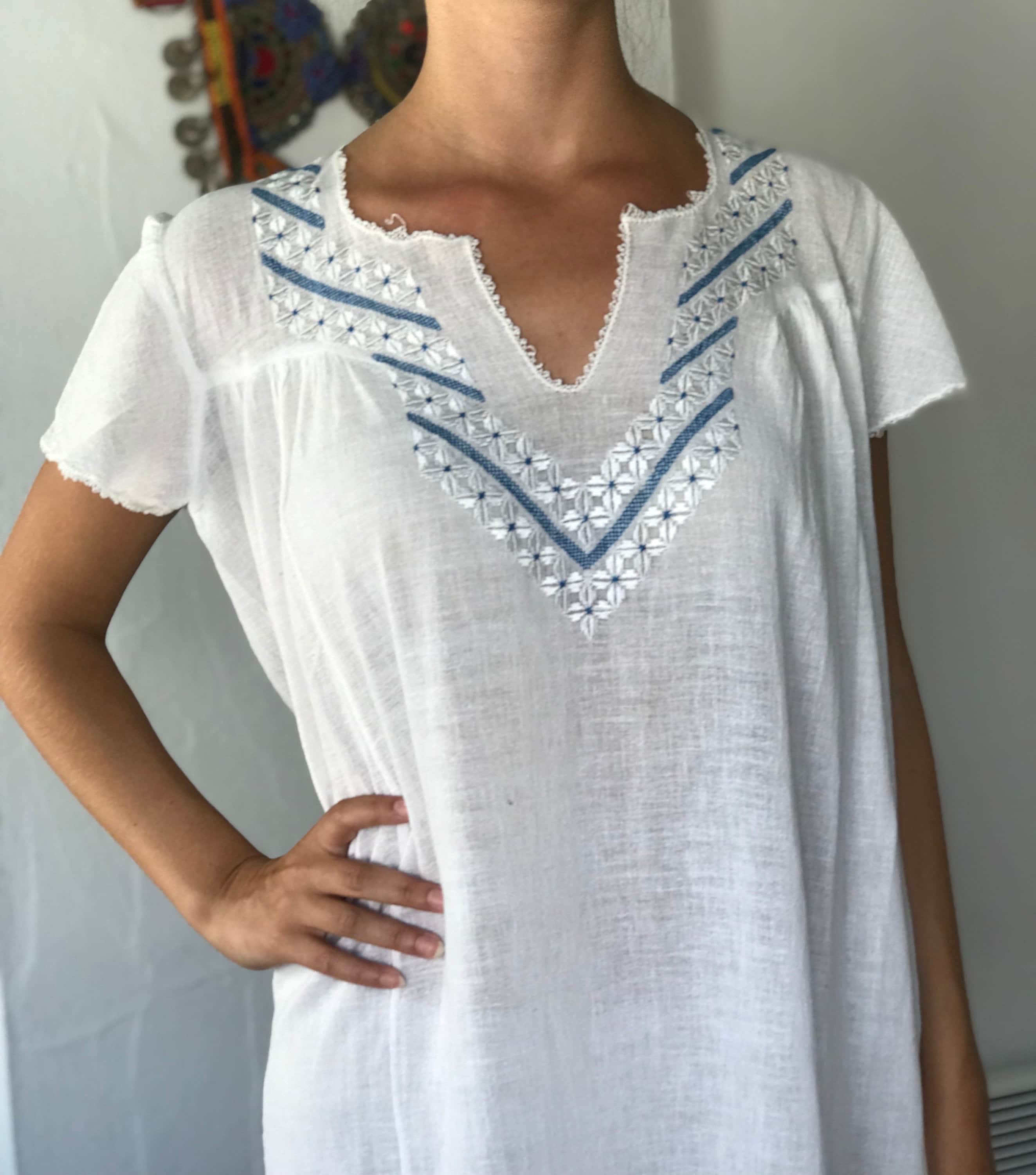 1970s hand loomed cotton muslin  hand embroidered smock dress