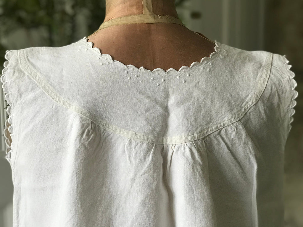 Antique Linen Smock Dress: Hand Embroidered Monogram, UK 8-10