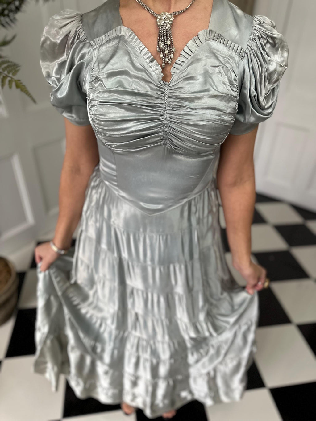 1930s long satin grey evening gown dress