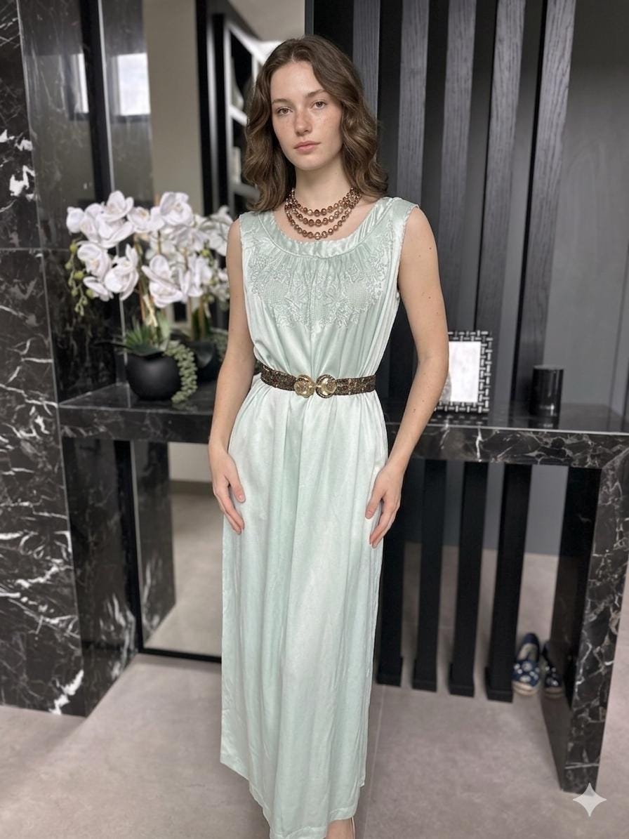 Vintage Green  Silk slip dress – Off-Shoulder Gown
