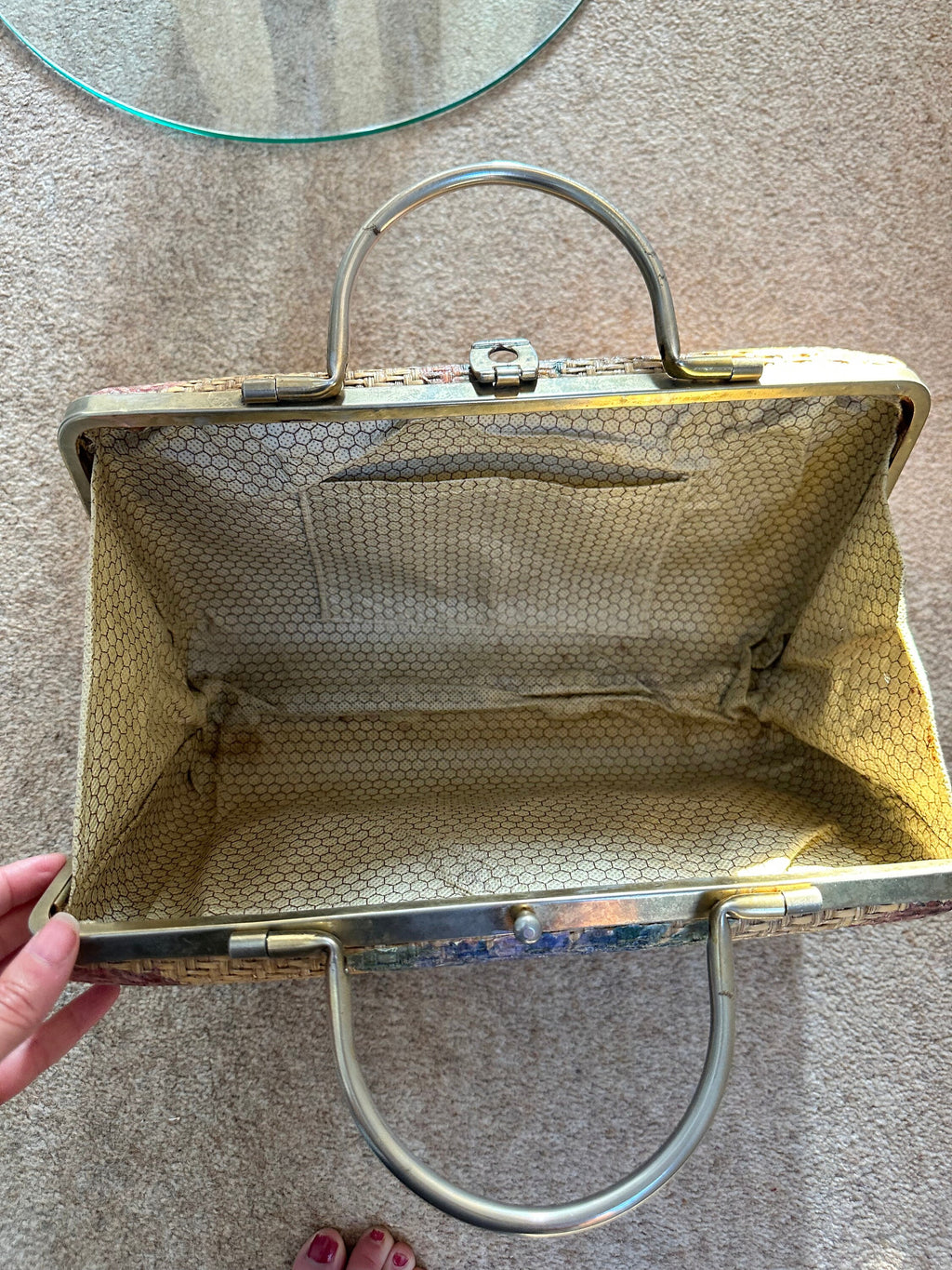 Boho 1970s hessian handbag with floral design