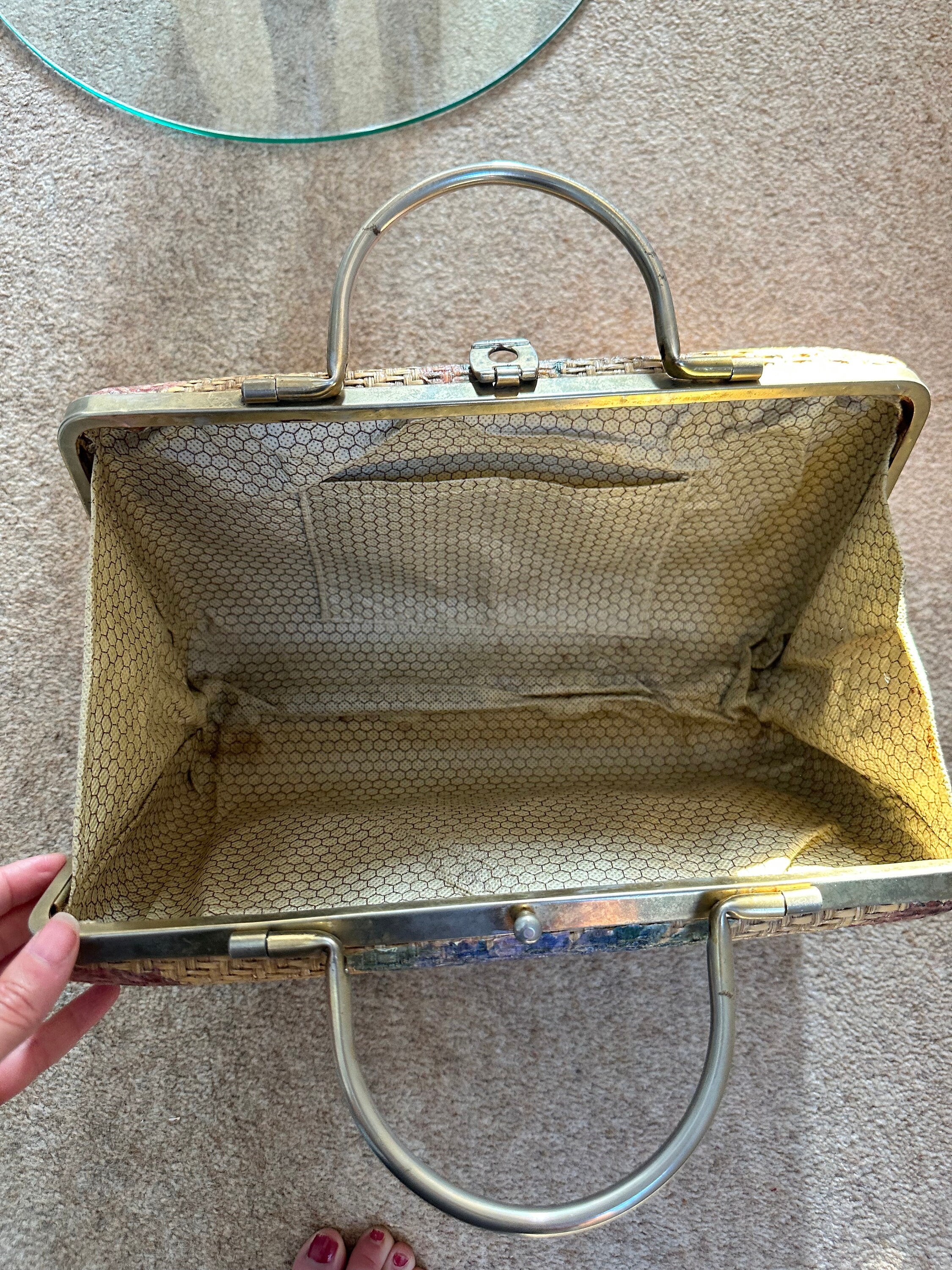 Boho 1970s hessian handbag with floral design
