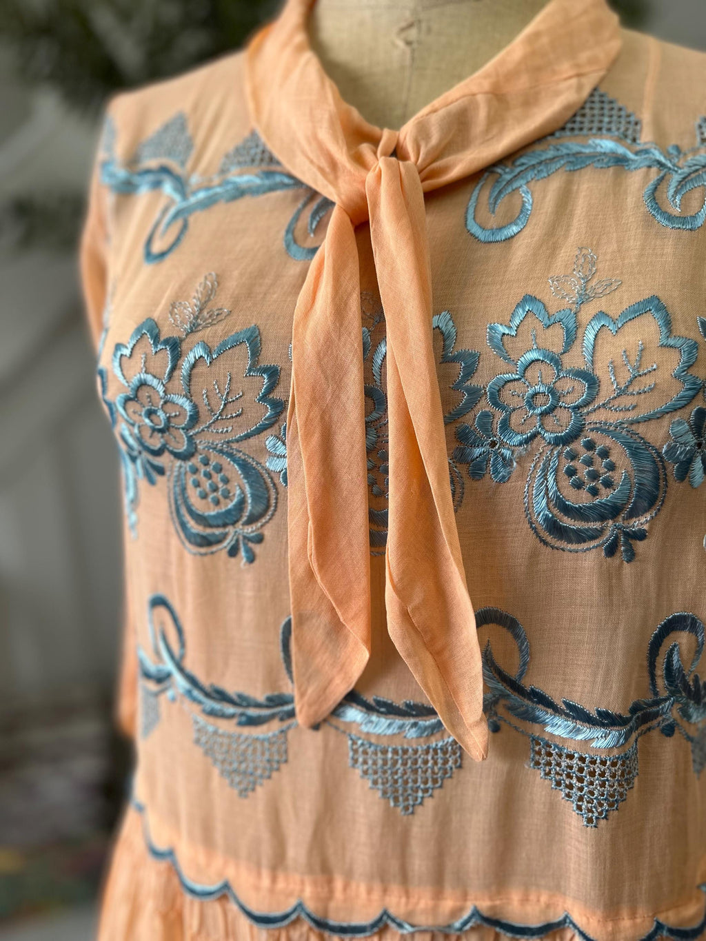 1920s day dress in Peach muslin with silk floss embroidery