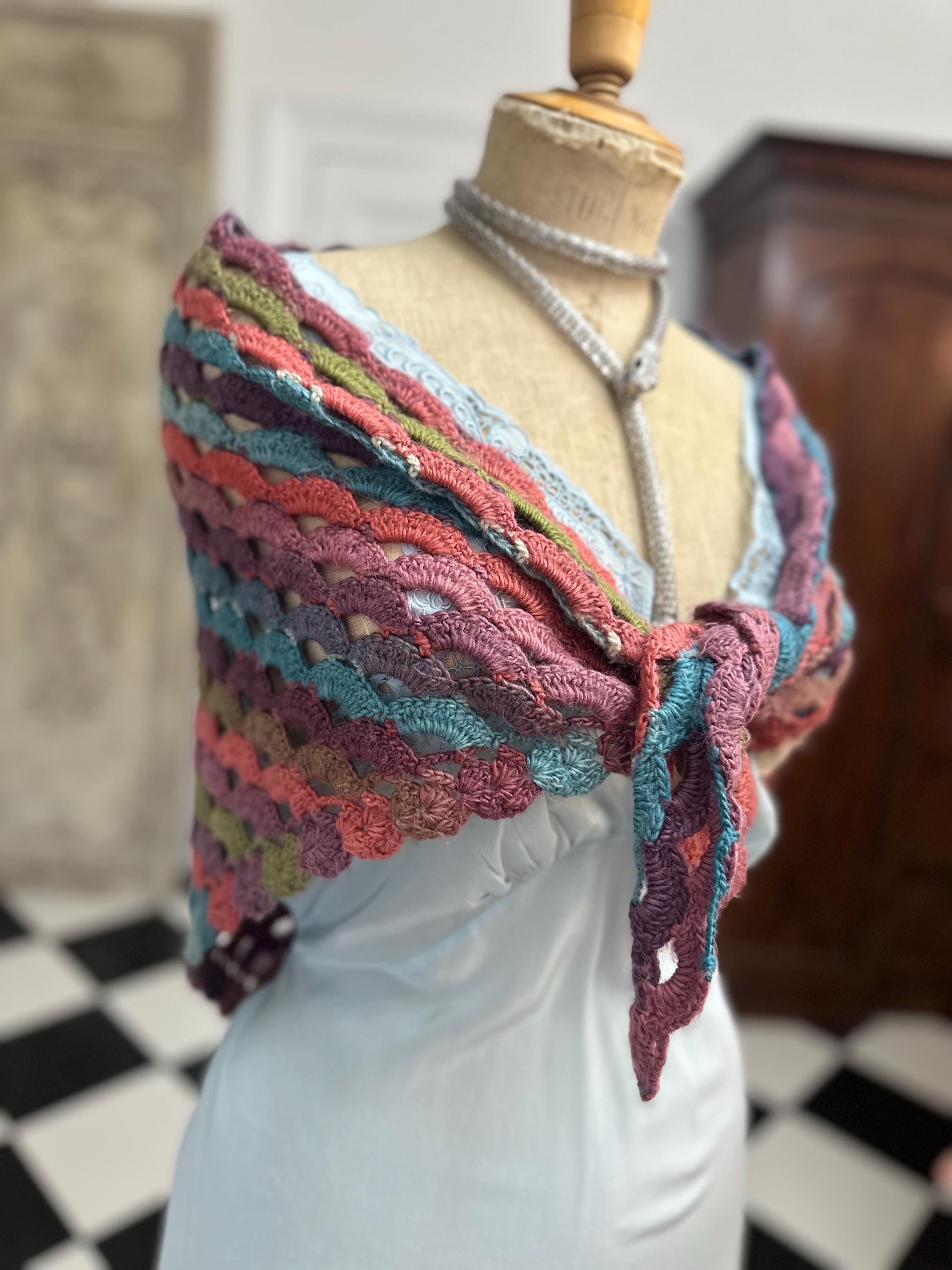 1970s Vintage hand knitted multi coloured shawl