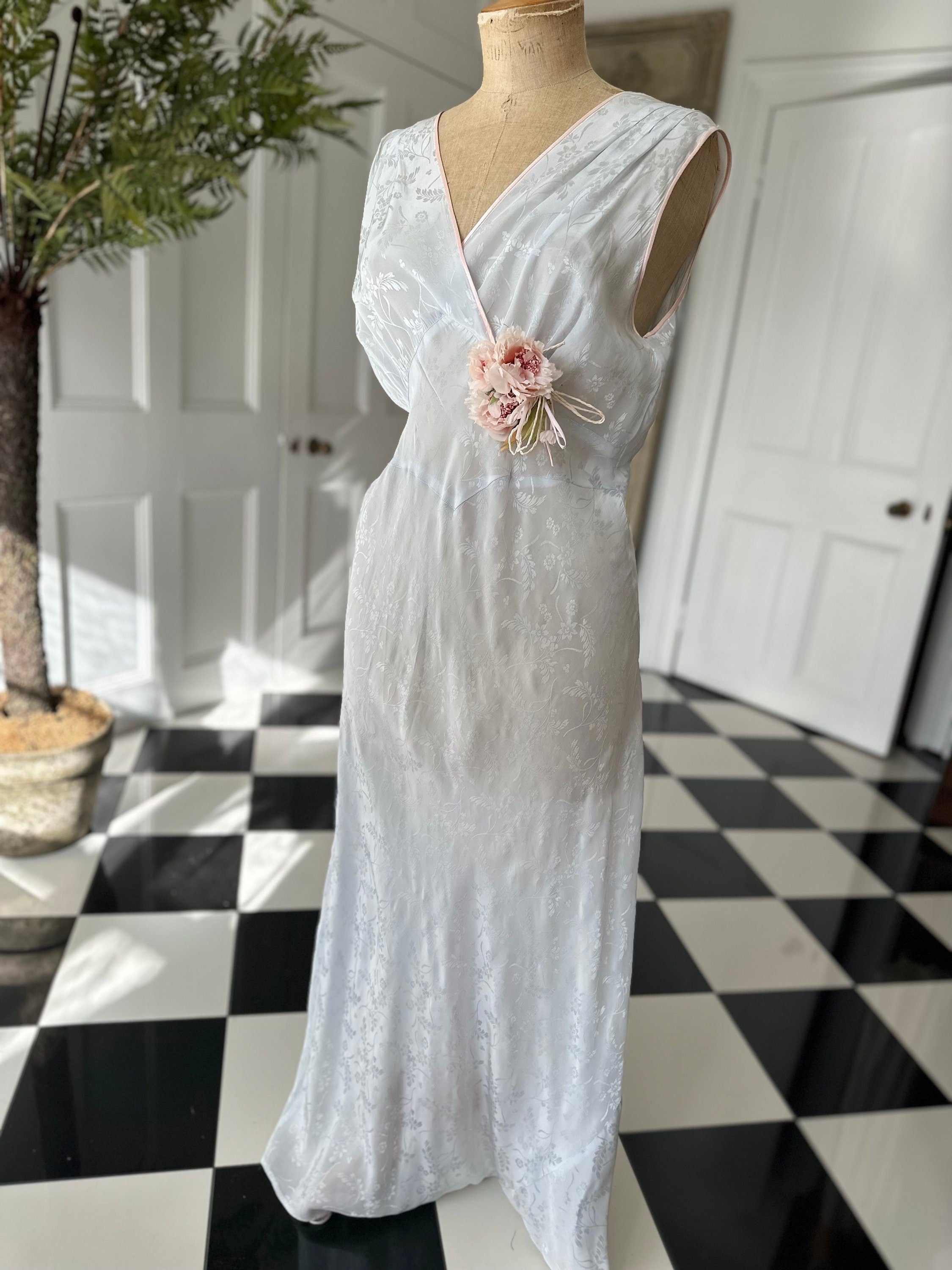 1930s Pale Blue Rayon Slip Dress - Lana Joyce Corsage Detail