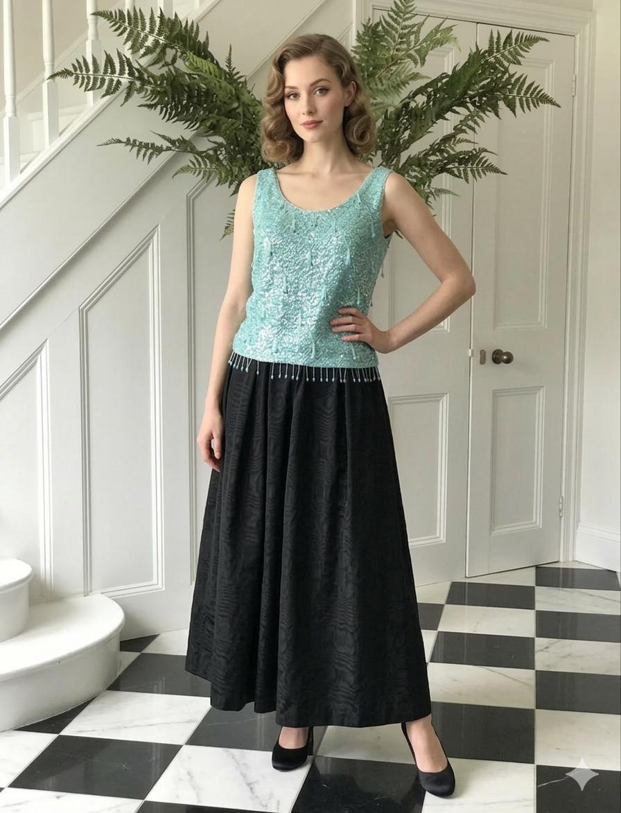 Vintage 1960s Turquoise beaded embellished wool top jumper blouse