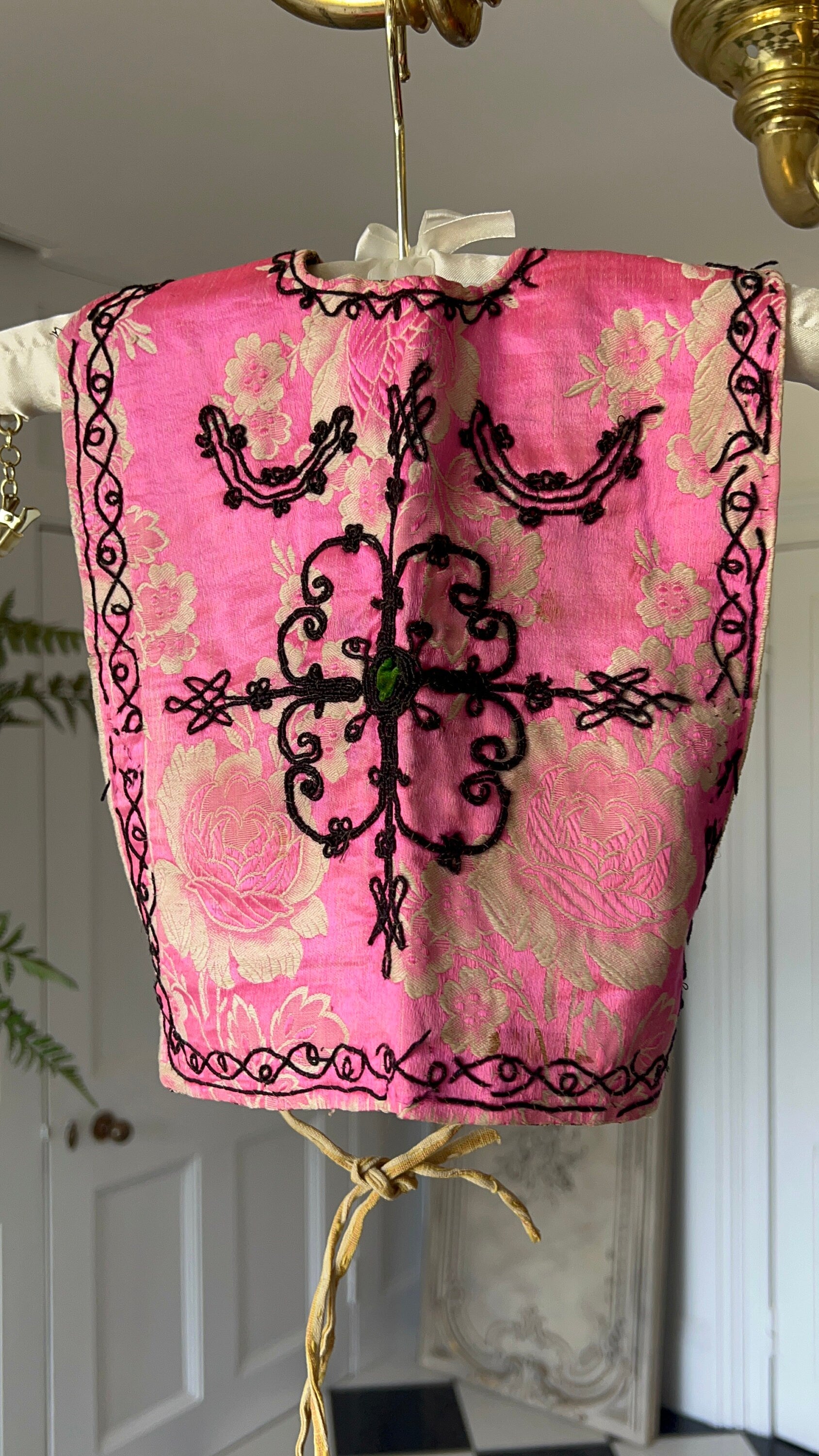Antique Ottoman pink silk baby bib with embroidery