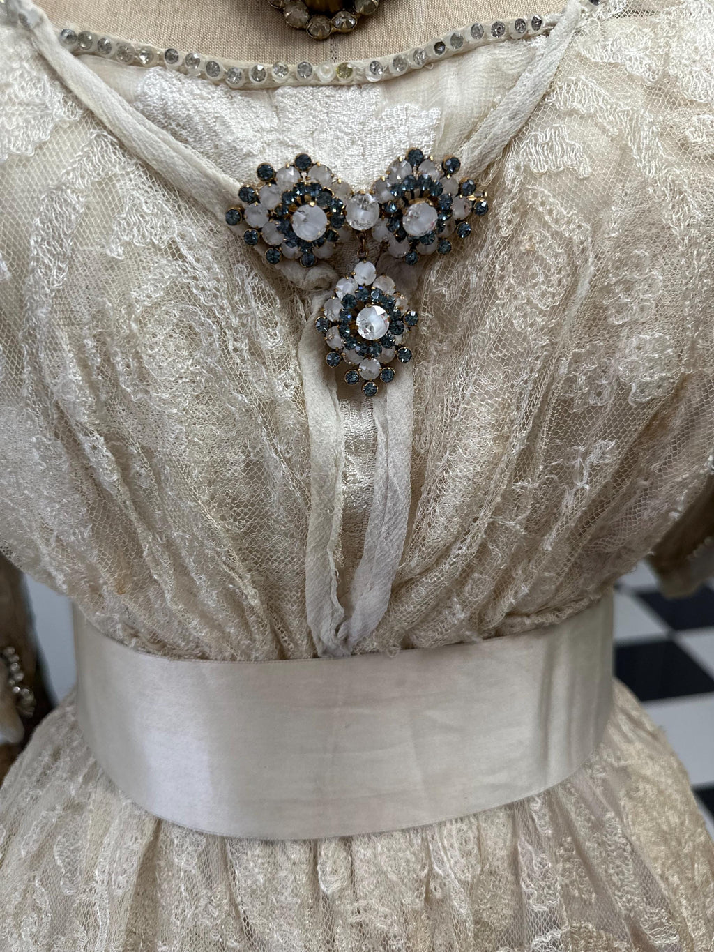 Edwardian Lace & Silk Dress: Titanic Style Rhinestone Trim, UK 8/10