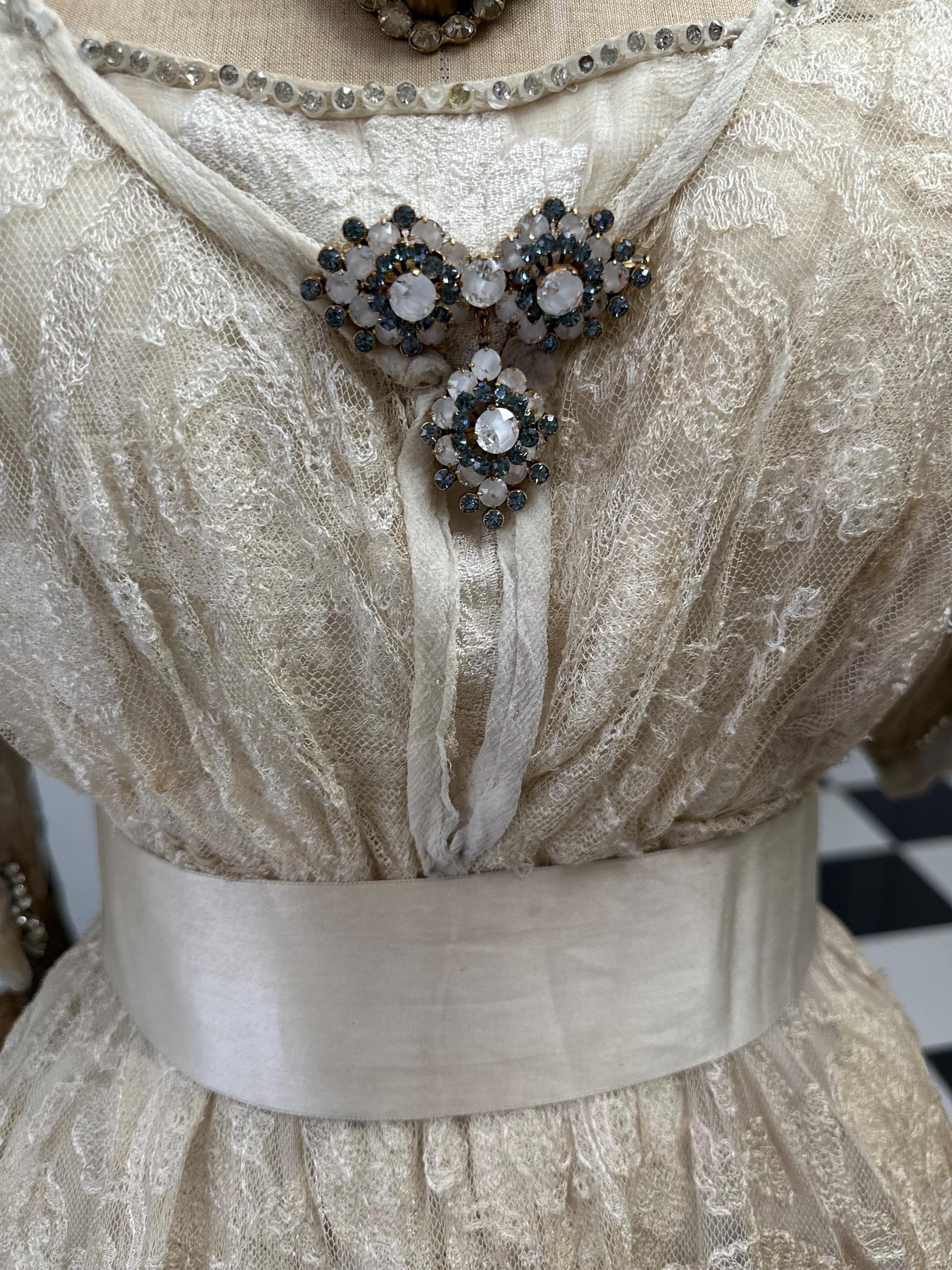 Edwardian Lace & Silk Dress: Titanic Style Rhinestone Trim, UK 8/10