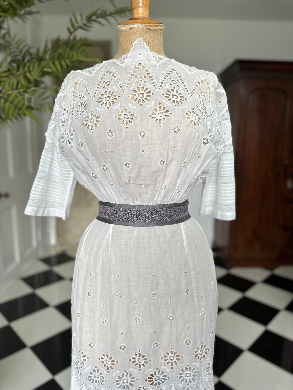 Antique Edwardian white broderie anglaise cotton lawn dress hand embroidered details.