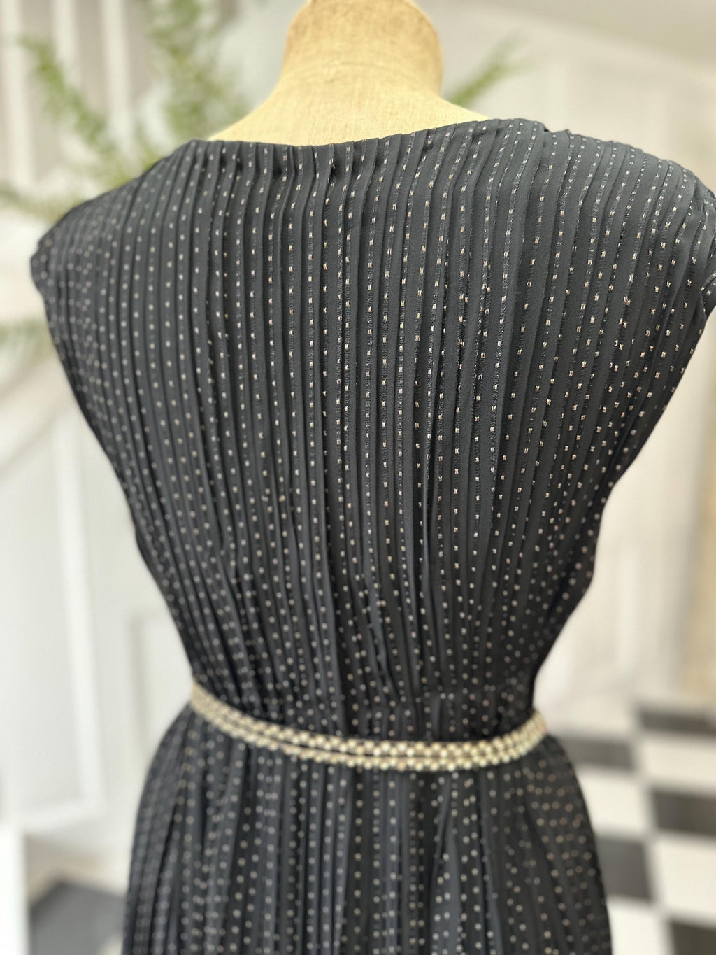 1940s Black with gold thread accordion pleat dress