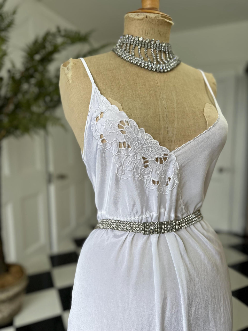 Vintage Long White Silk Slip with Lace Detailing