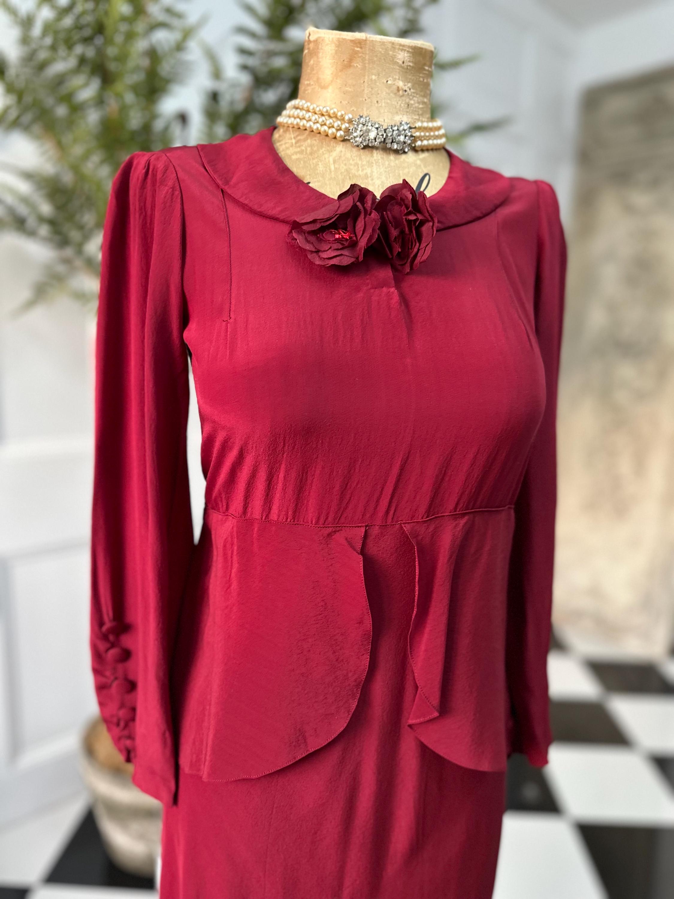 1940 Ruby red peplum dress with silk corsage