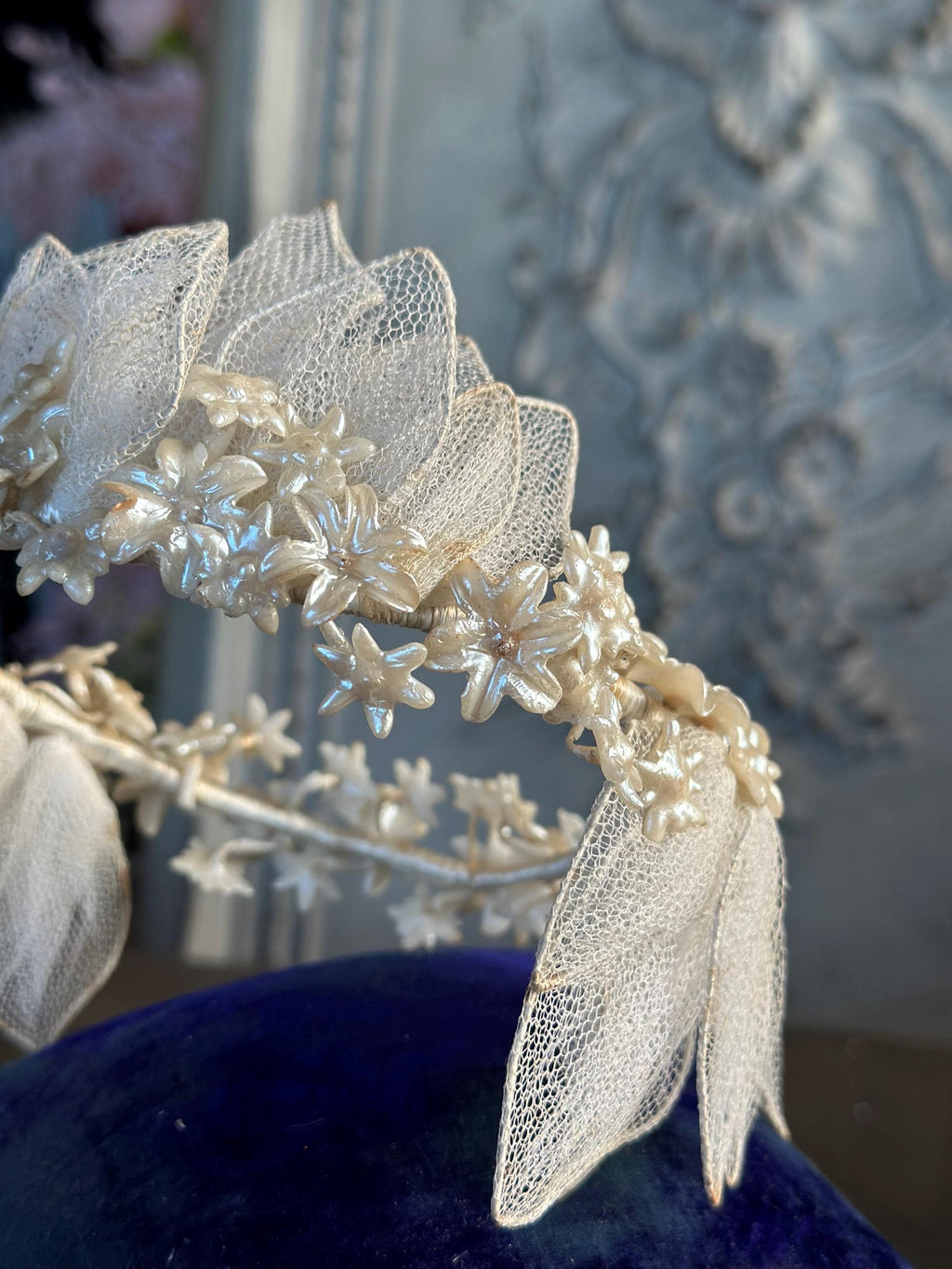 Antique 1940s  Floral Wax Tiara with tulle
