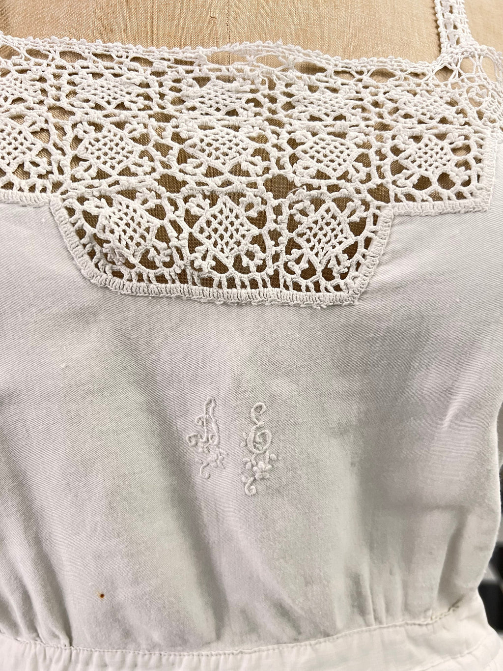 Antique 1800s underdress garment with crochet and quilted skirt monogram AE