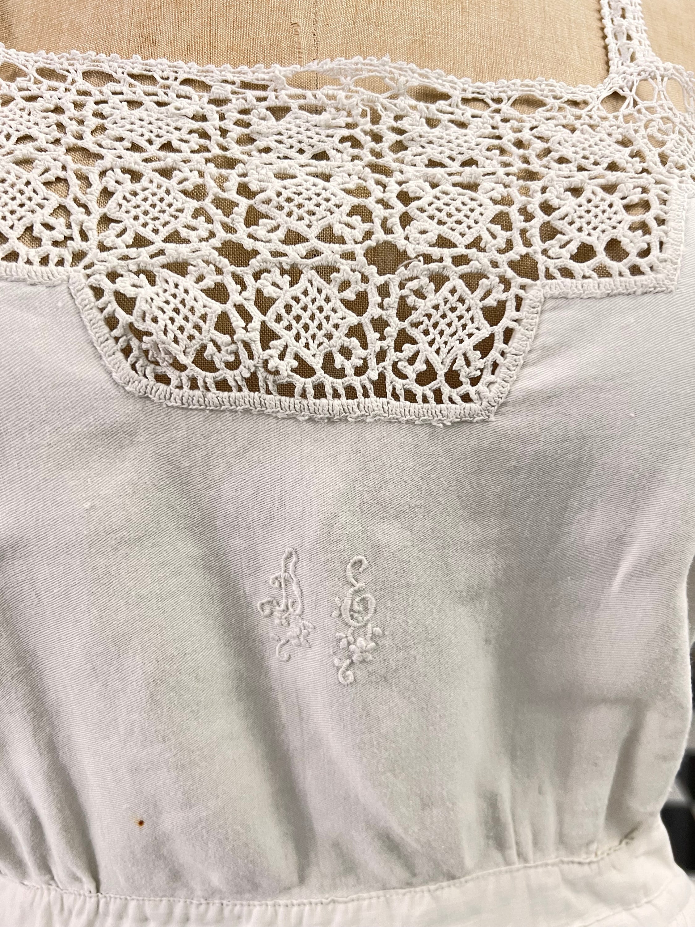 Antique 1800s underdress garment with crochet and quilted skirt monogram AE