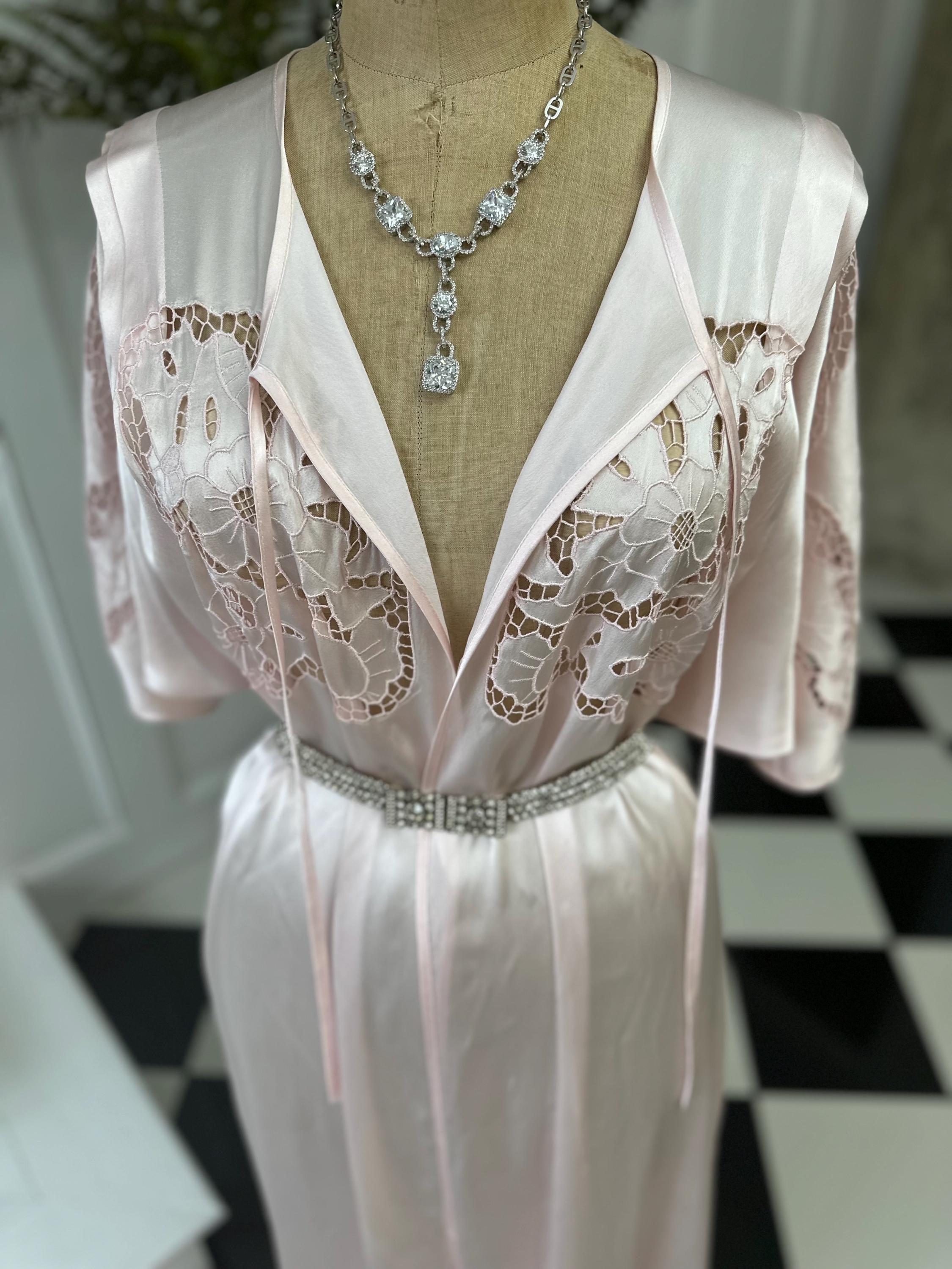 1970s Pink Satin dressing gown with Cutout Lace Loungewear