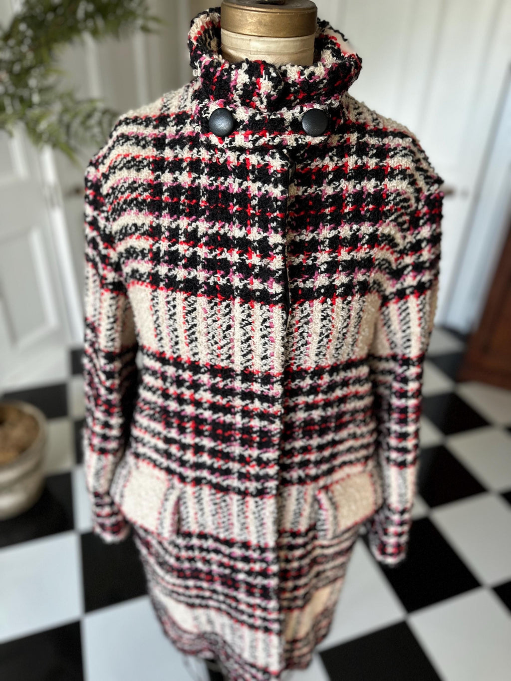 Designer Marni tweed coat on white black pink U.K. 12