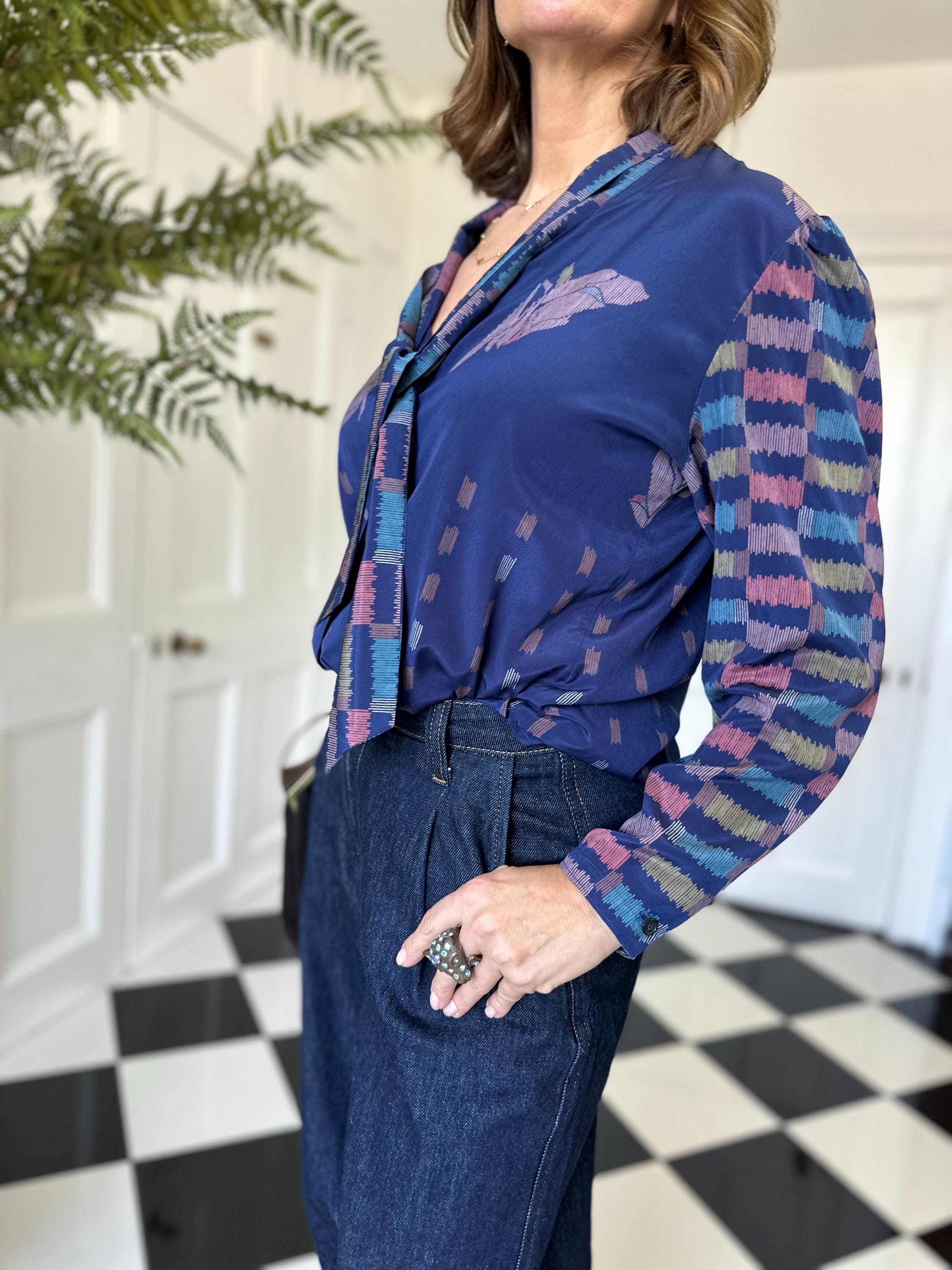 Vintage blue bussybow long sleeve blouse geometric print design