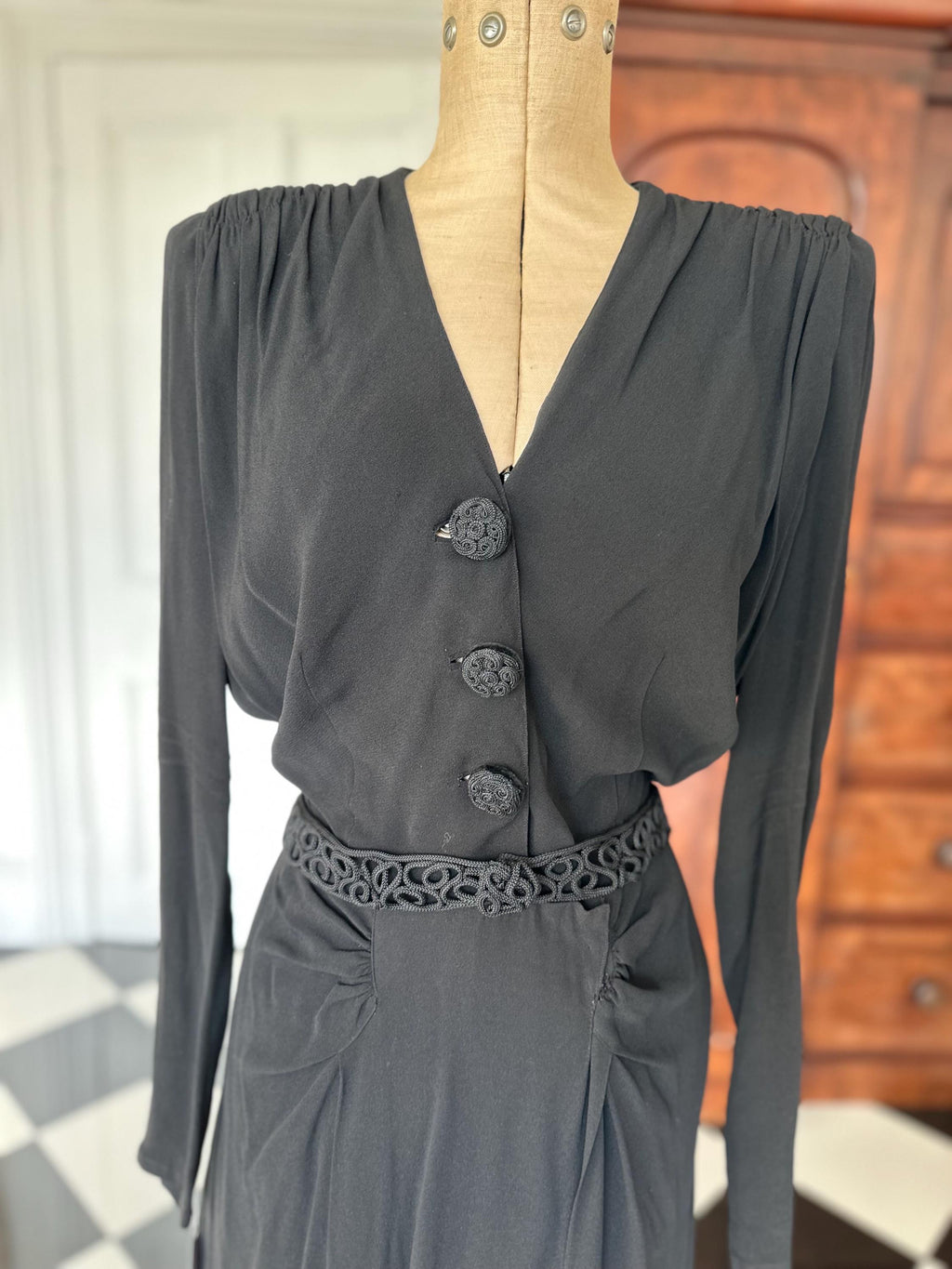 Chic 1940s Black Georgette Dress Embroidered Buttons and Matching Belt set