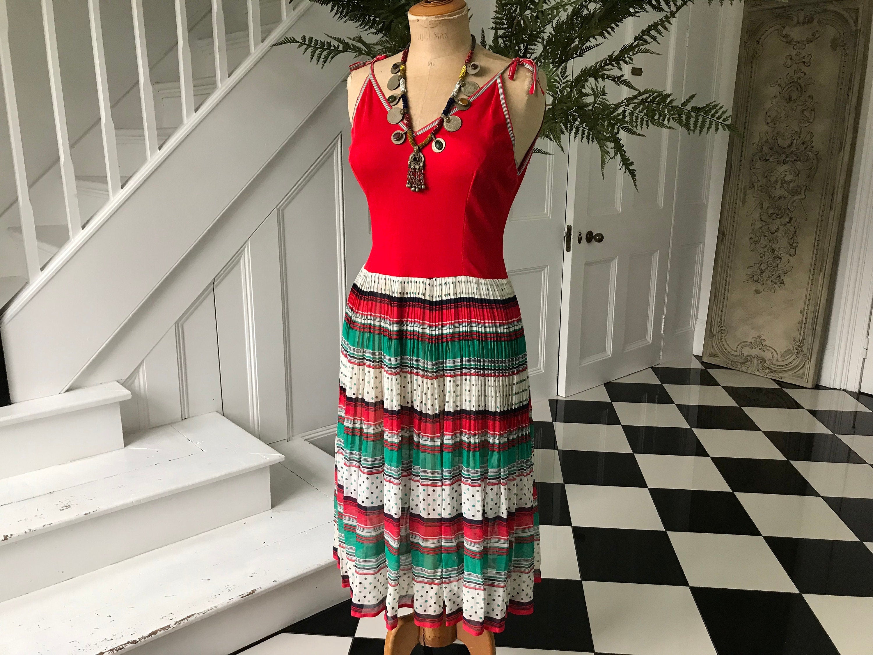 1970s string strap  multi colour summer dress with muslin skirt and jersey top