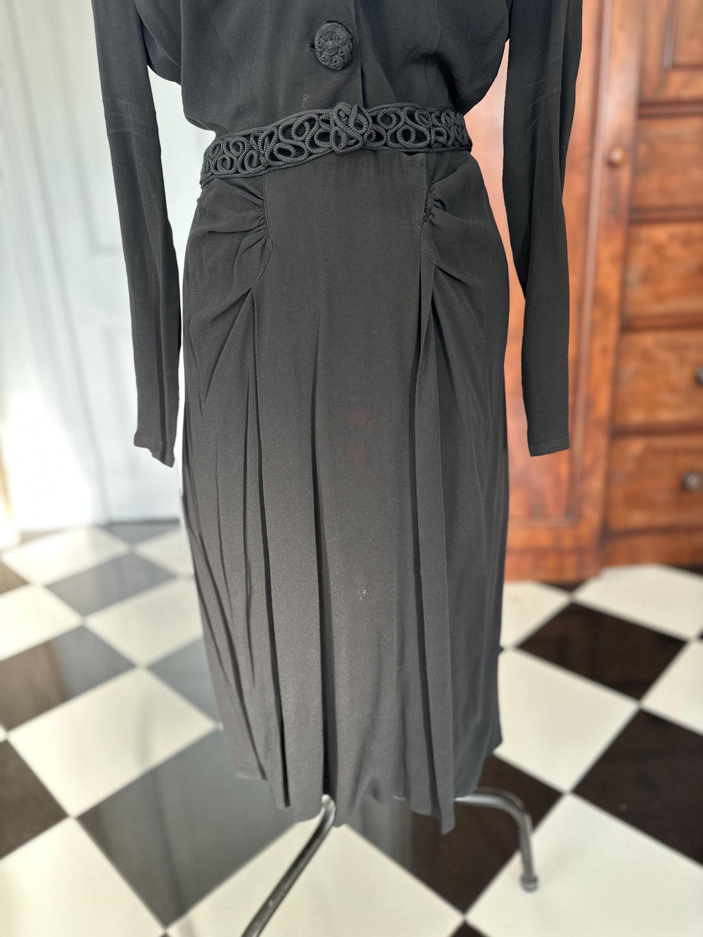 Chic 1940s Black Georgette Dress Embroidered Buttons and Matching Belt set