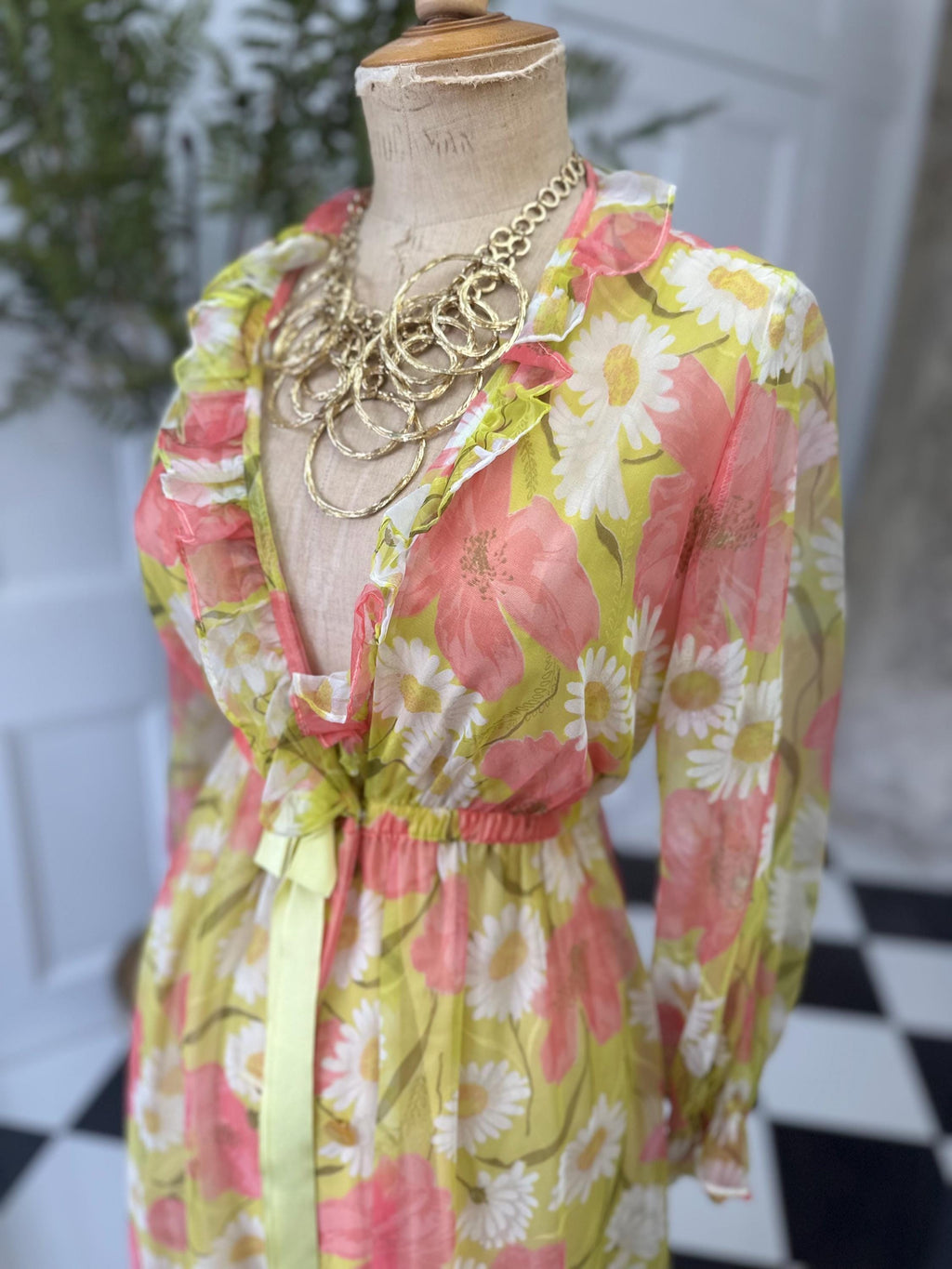 Vintage 1970s floral pink and yellow and green maxi dress with ruffle collar