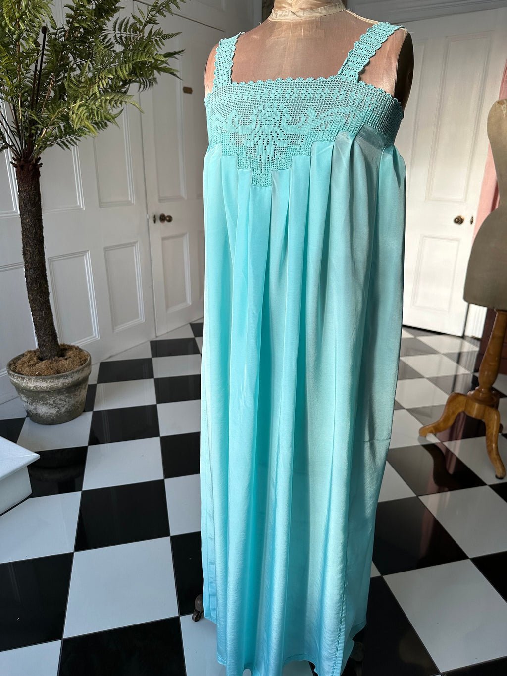 Vintage 1970s loose silky long slip dress hand crochet lace details