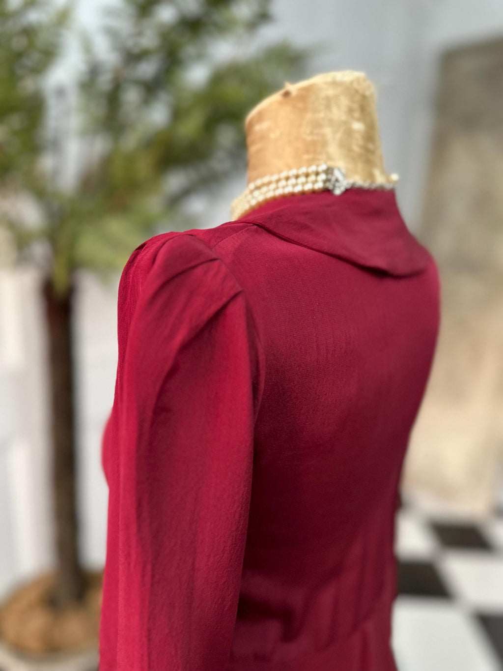 1940 Ruby red peplum dress with silk corsage