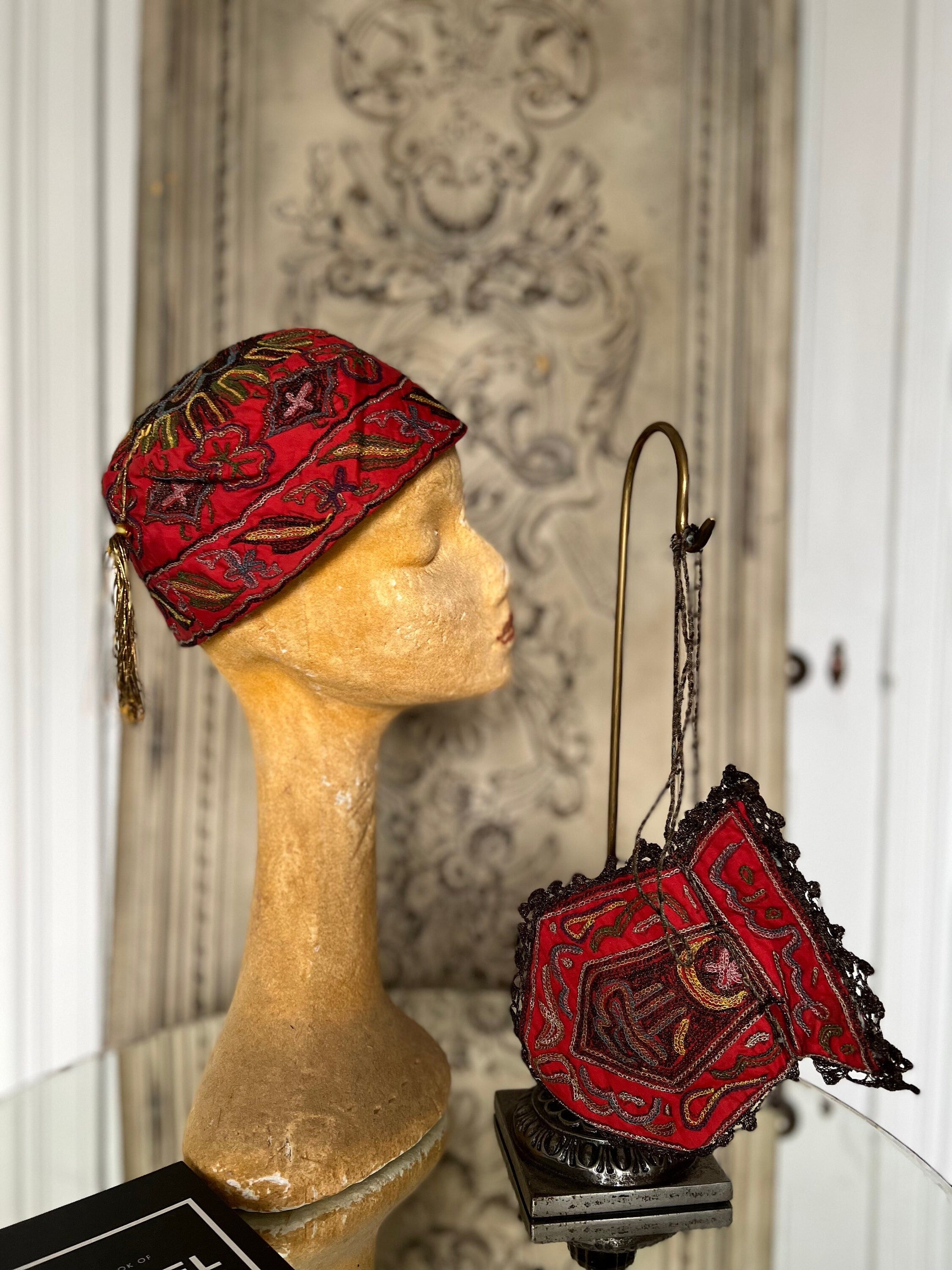 Antique Ottoman embroidered smokers hat and Ottoman  purse